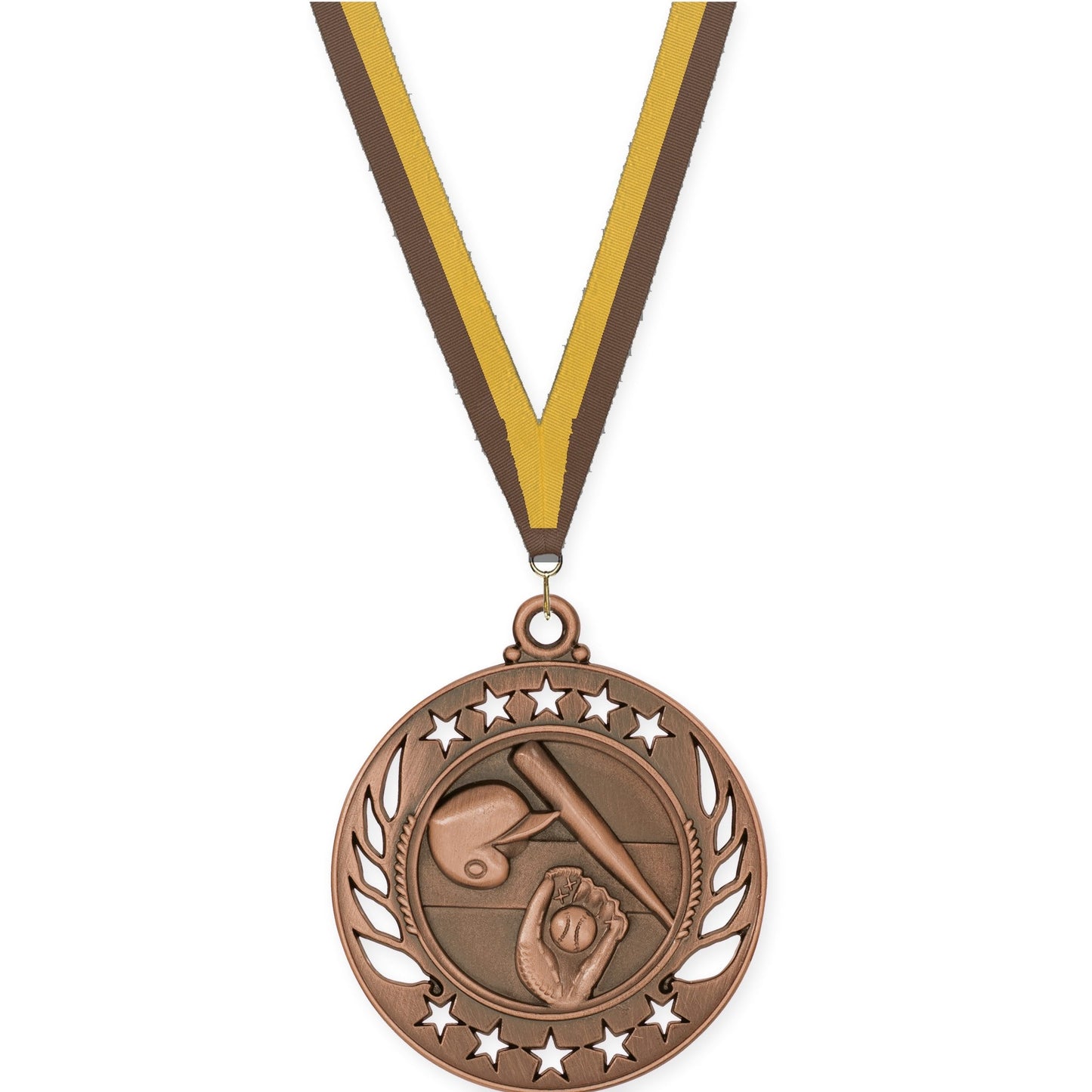 2 1/4 inch baseball and softball Galaxy medal in antique bronze with Brown Gold neck ribbon