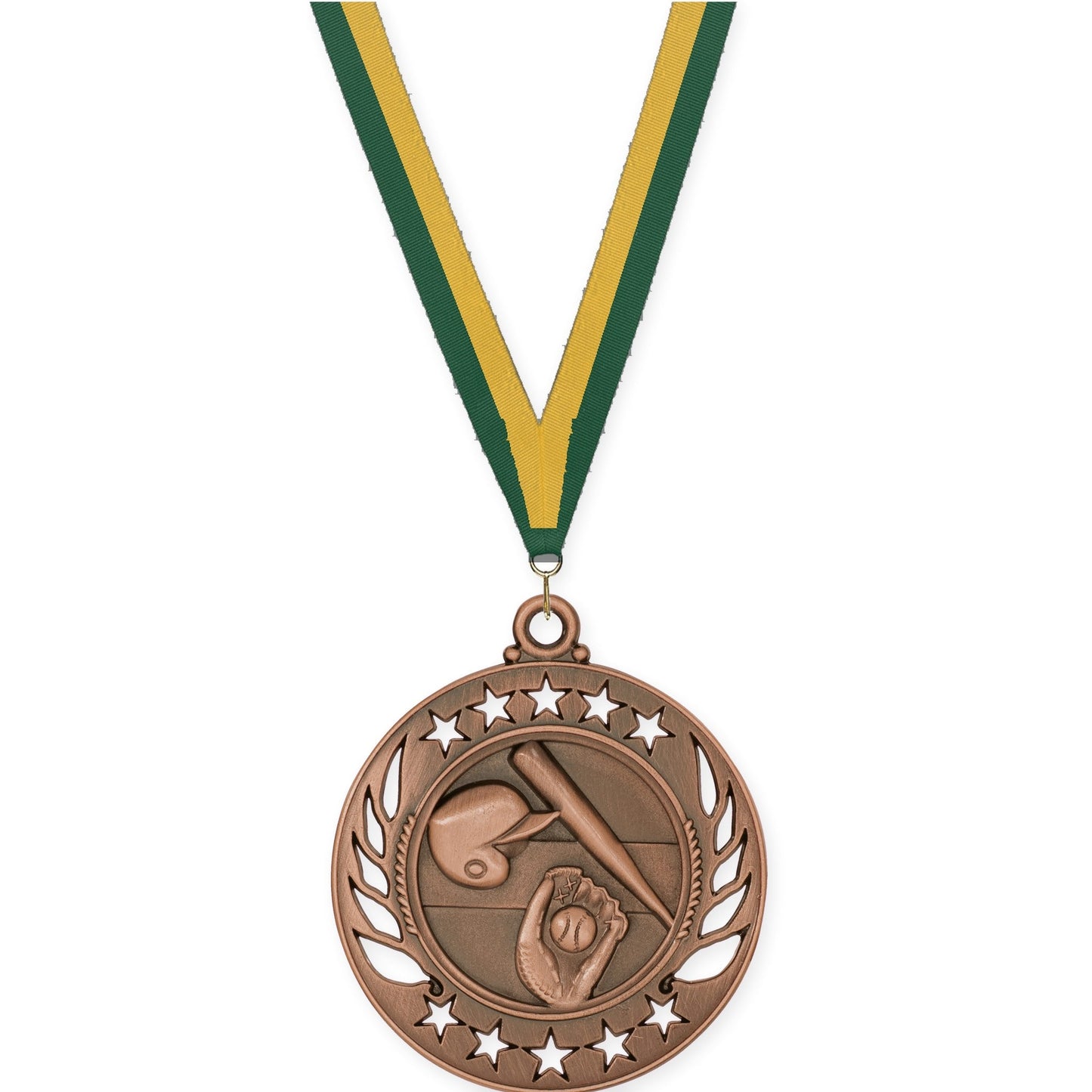 2 1/4 inch baseball and softball Galaxy medal in antique bronze with Hunter Green Gold neck ribbon