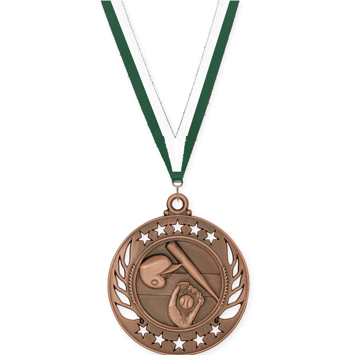 2 1/4 inch baseball and softball Galaxy medal in antique bronze with Hunter Green White neck ribbon