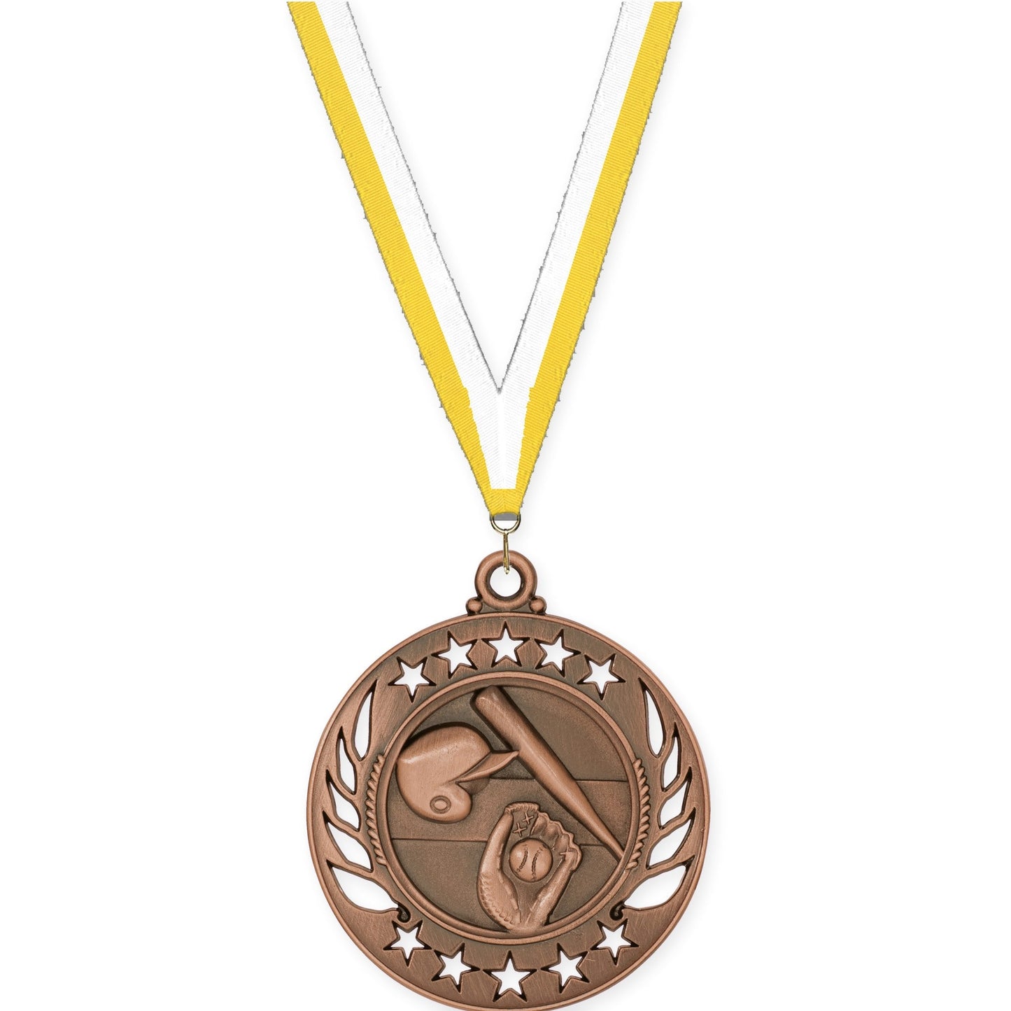 2 1/4 inch baseball and softball Galaxy medal in antique bronze with Yellow White neck ribbon