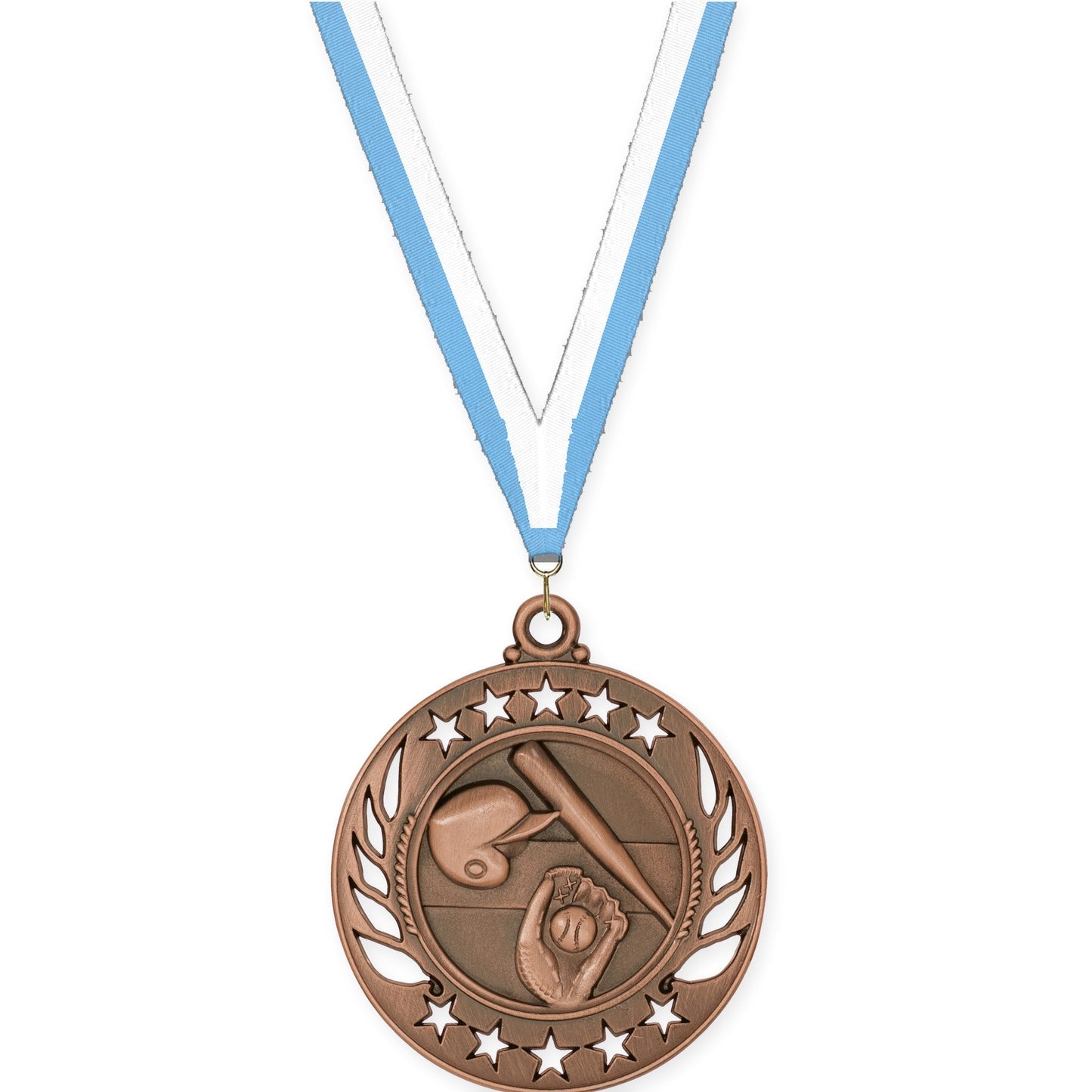 2 1/4 inch baseball and softball Galaxy medal in antique bronze with Light Blue White neck ribbon