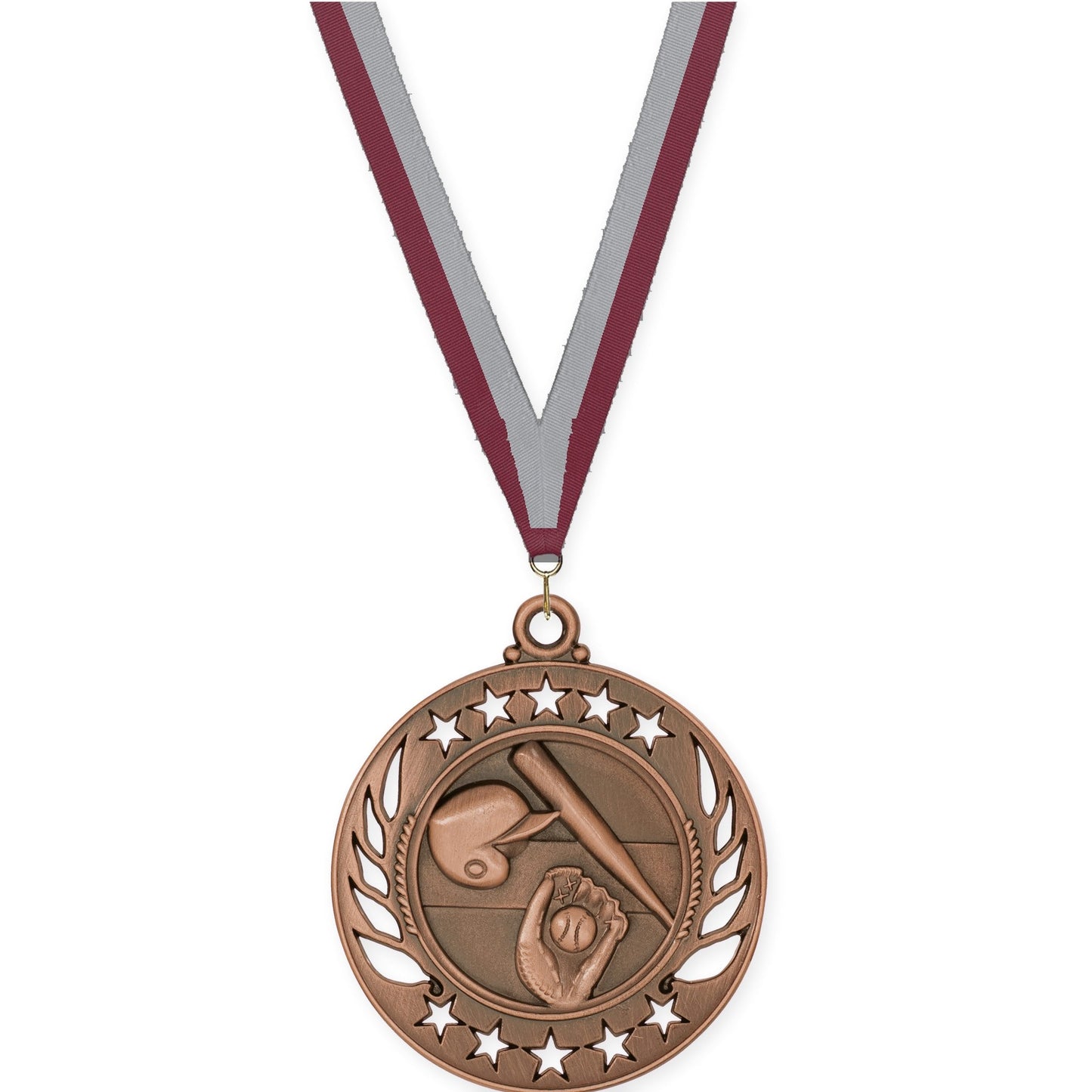 2 1/4 inch baseball and softball Galaxy medal in antique bronze with Maroon Gray neck ribbon