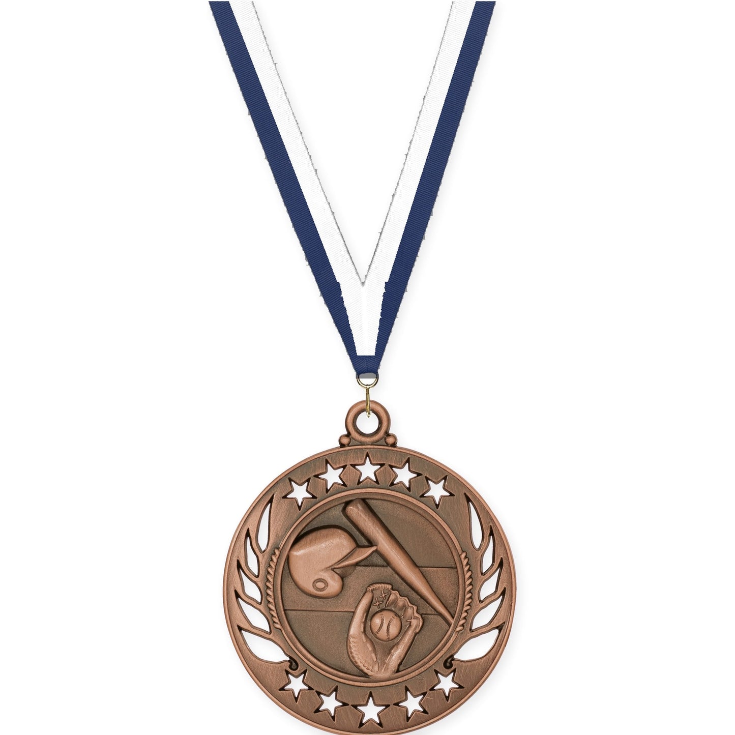 2 1/4 inch baseball and softball Galaxy medal in antique bronze with Navy White neck ribbon