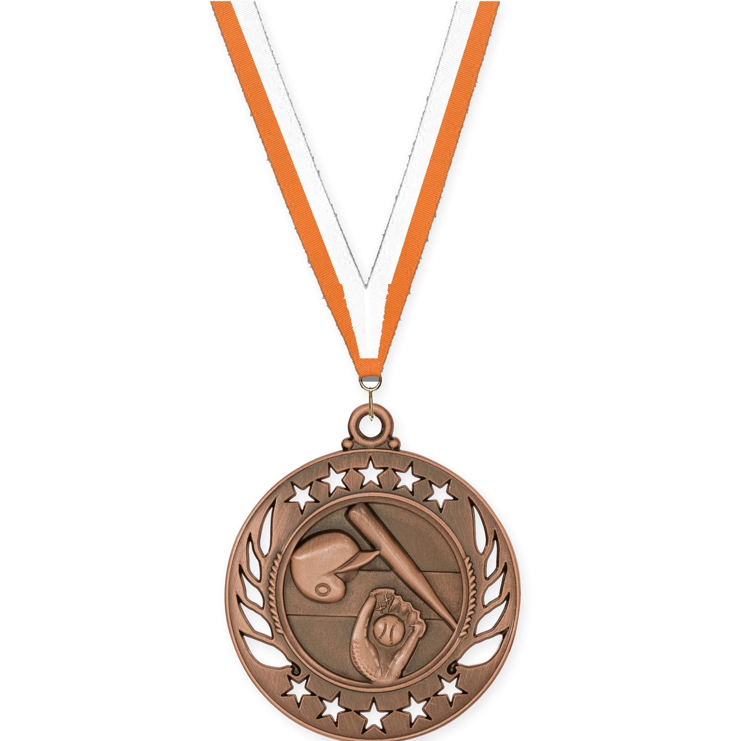 2 1/4 inch baseball and softball Galaxy medal in antique bronze with Orange White neck ribbon