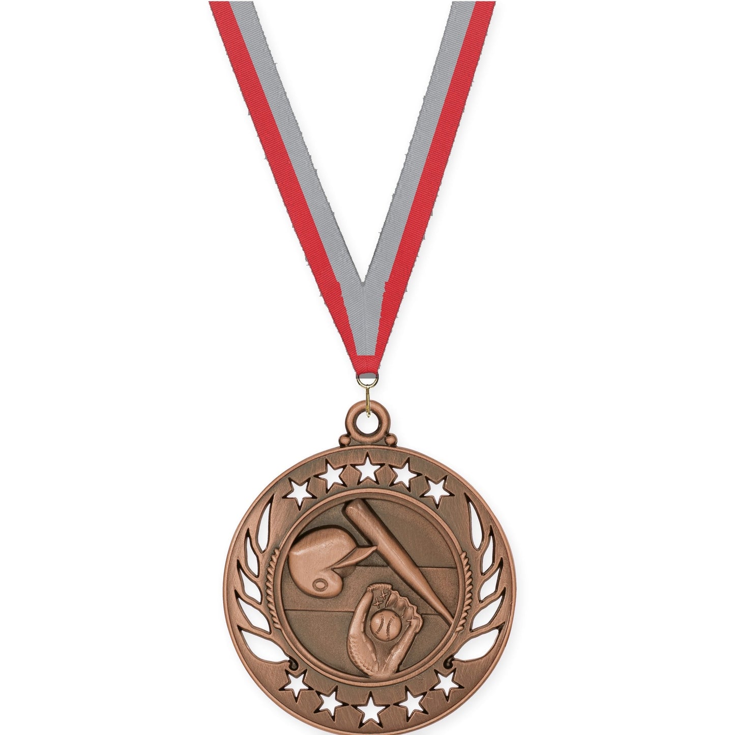 2 1/4 inch baseball and softball Galaxy medal in antique bronze with Red Gray neck ribbon