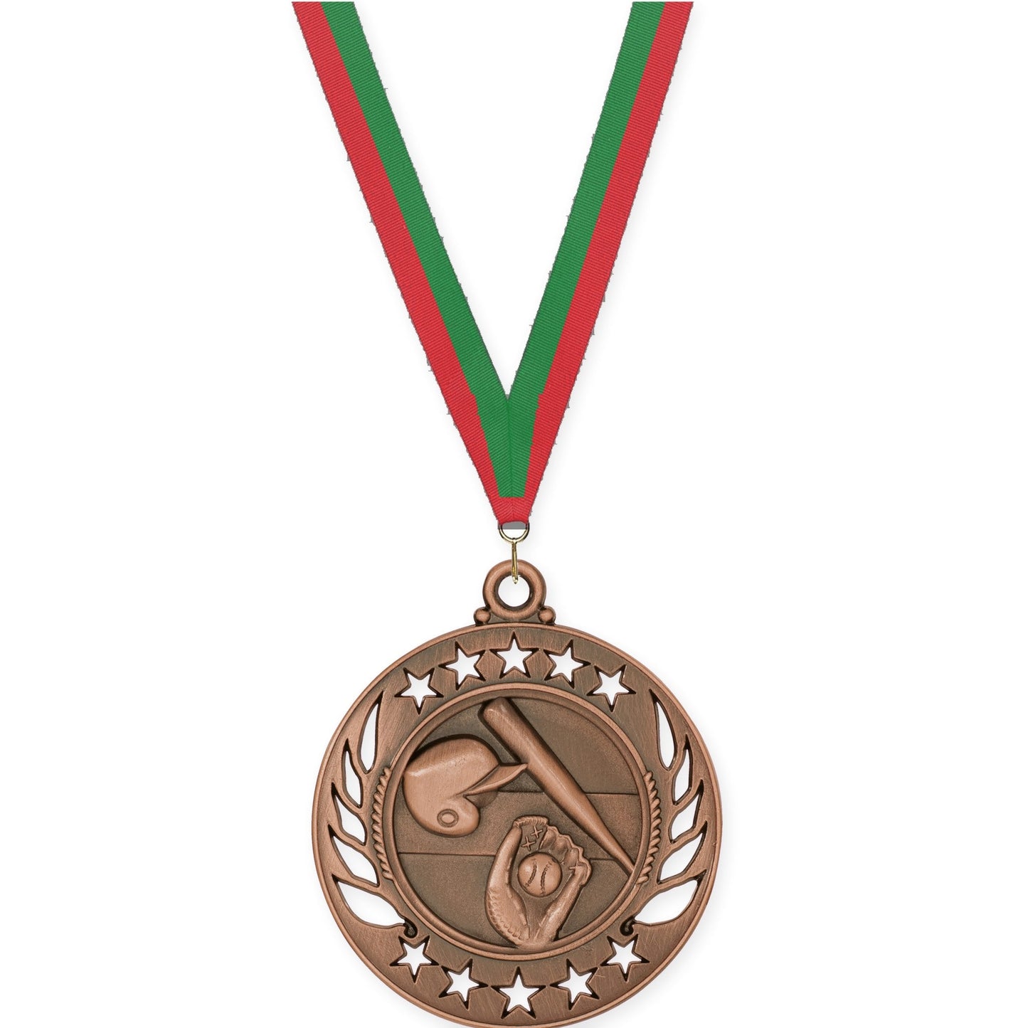 2 1/4 inch baseball and softball Galaxy medal in antique bronze with Red Green neck ribbon