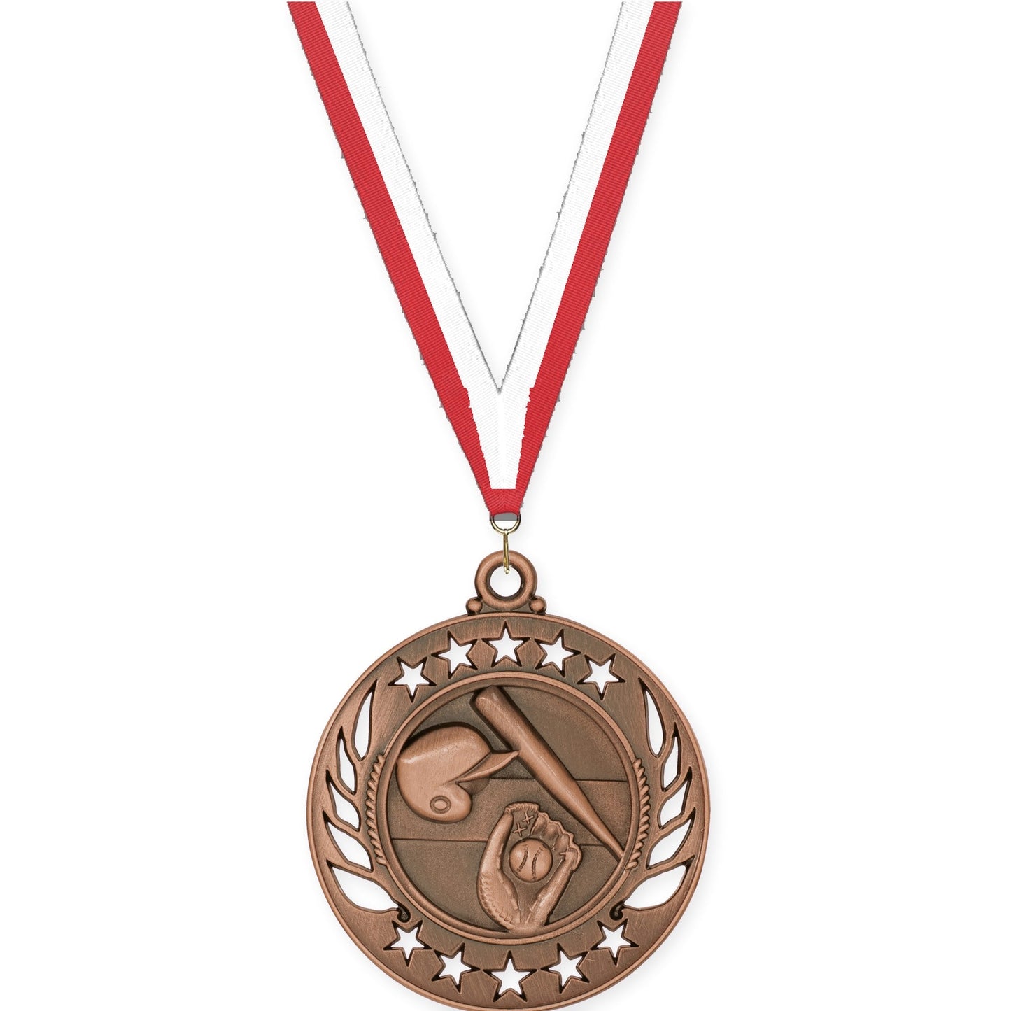 2 1/4 inch baseball and softball Galaxy medal in antique bronze with Red White neck ribbon