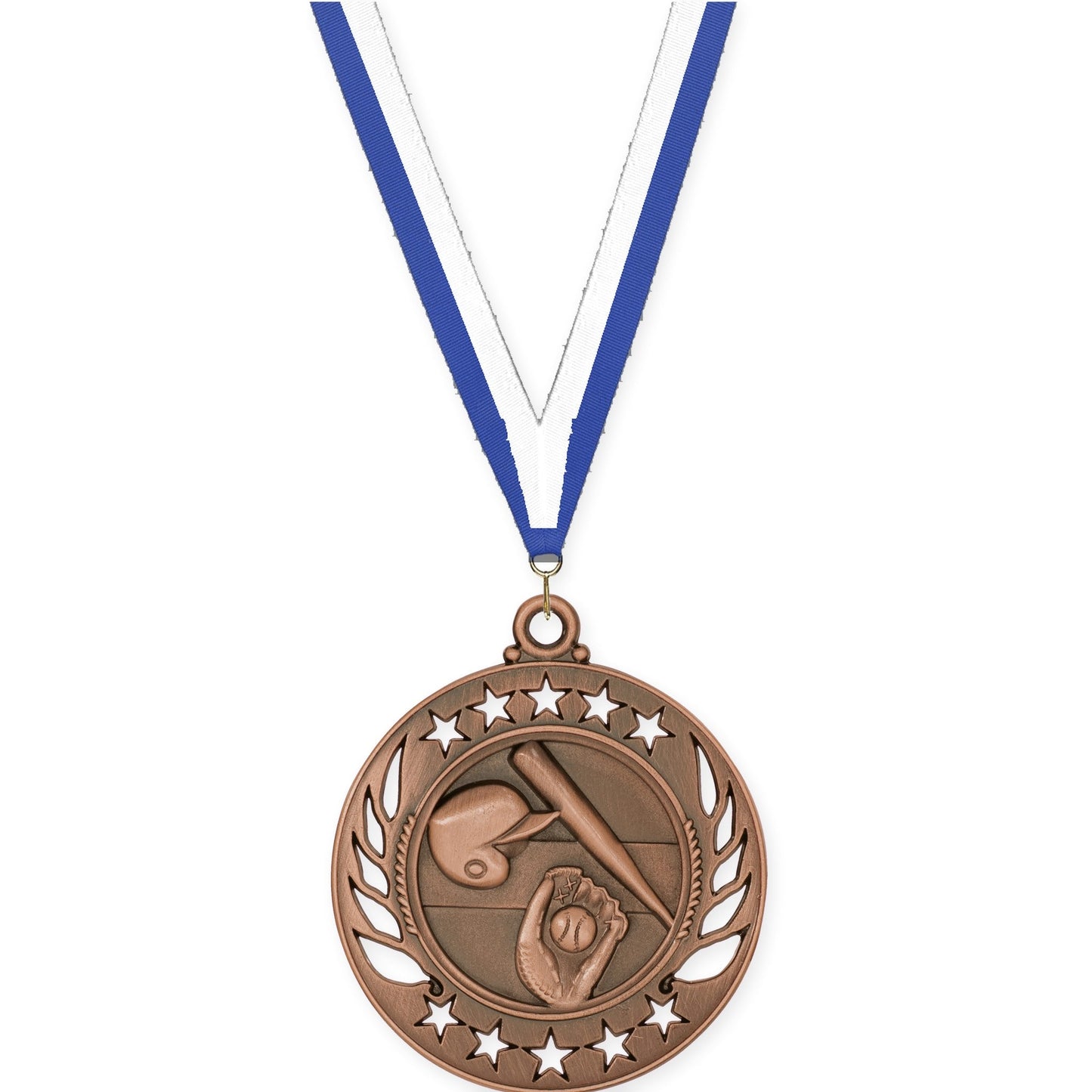 2 1/4 inch baseball and softball Galaxy medal in antique bronze with Blue White neck ribbon