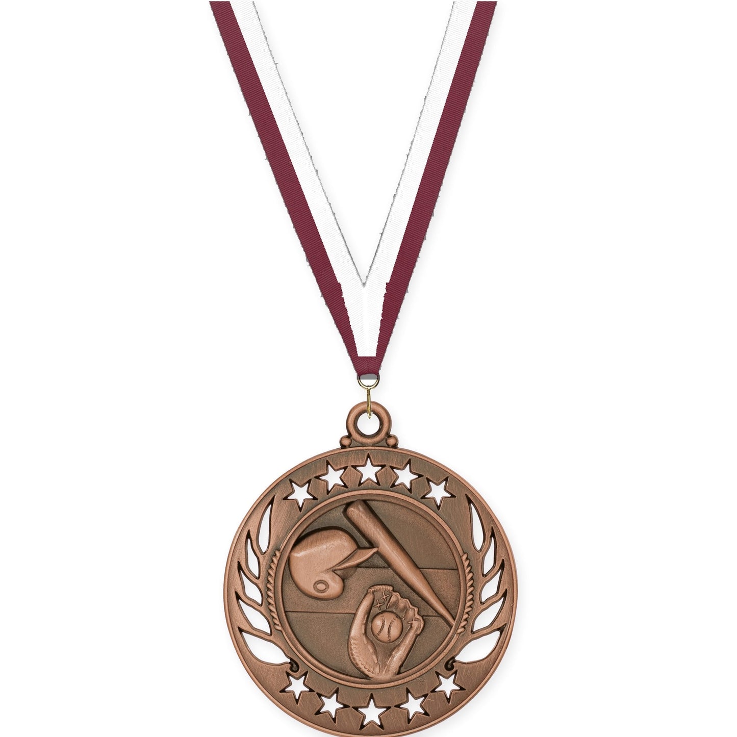 2 1/4 inch baseball and softball Galaxy medal in antique bronze with Maroon White neck ribbon