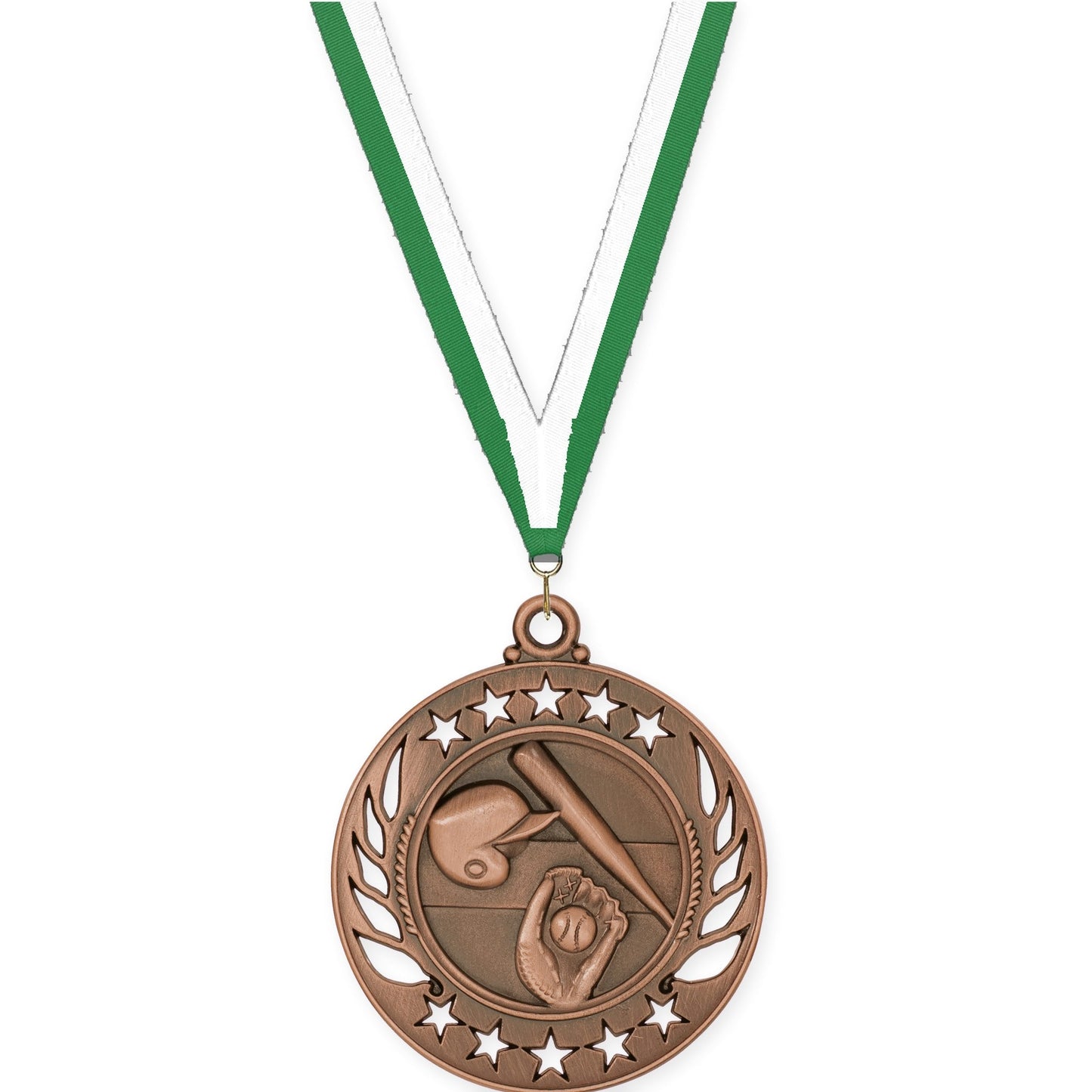 2 1/4 inch baseball and softball Galaxy medal in antique bronze with Green White neck ribbon
