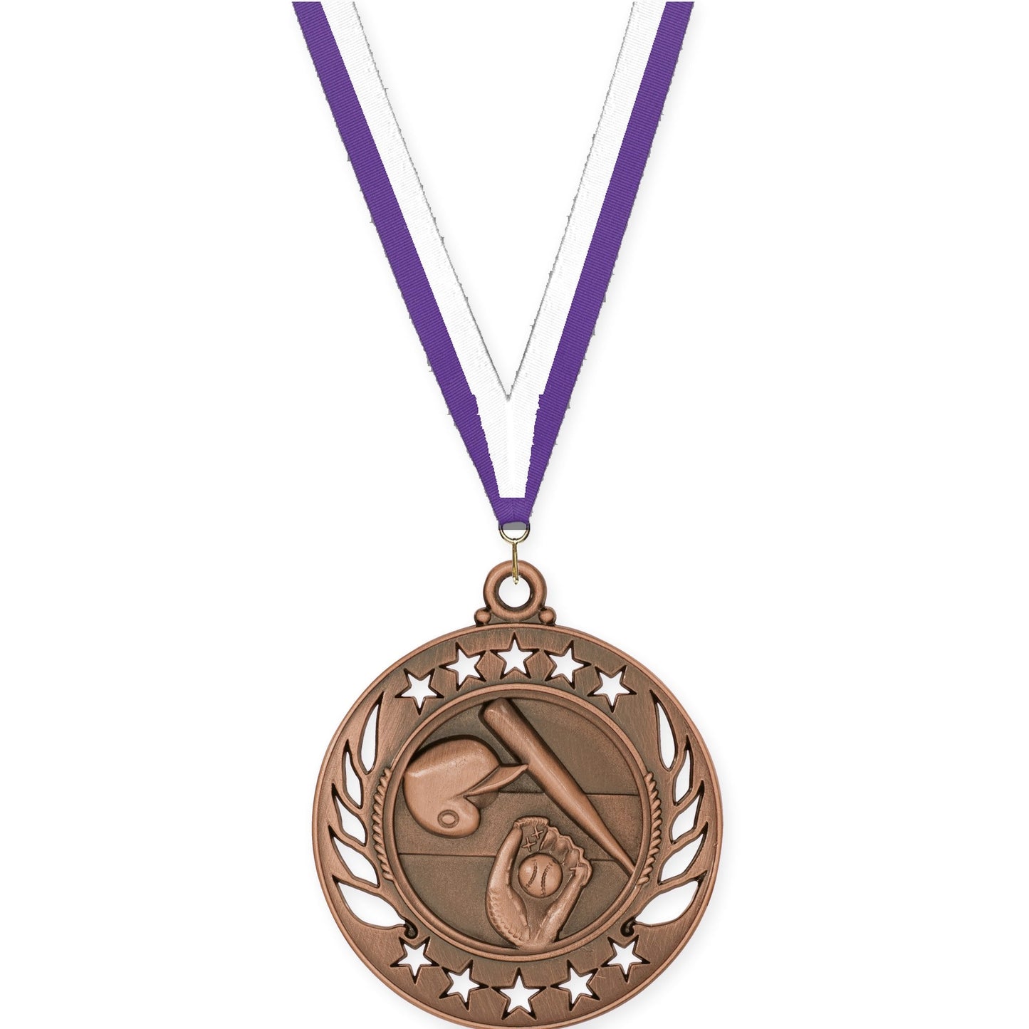 2 1/4 inch baseball and softball Galaxy medal in antique bronze with Purple White neck ribbon