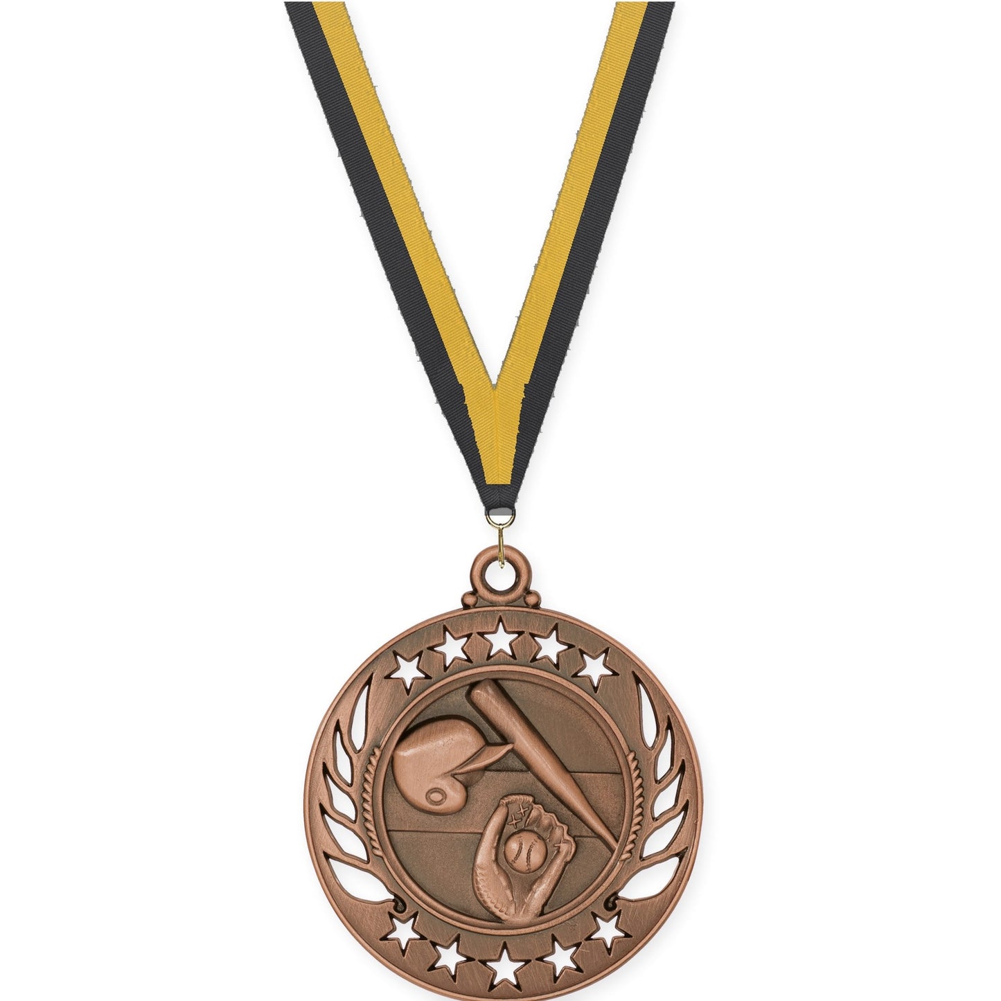 2 1/4 inch baseball and softball Galaxy medal in antique bronze with Black Gold neck ribbon