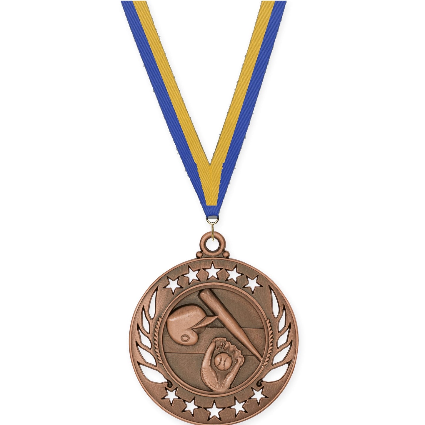 2 1/4 inch baseball and softball Galaxy medal in antique bronze with Blue Gold neck ribbon