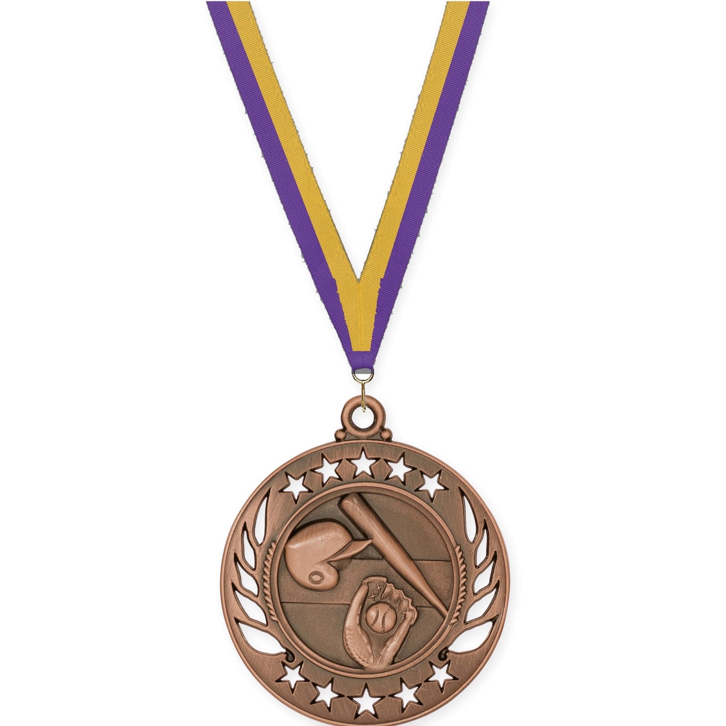 2 1/4 inch baseball and softball Galaxy medal in antique bronze with Purple Gold neck ribbon