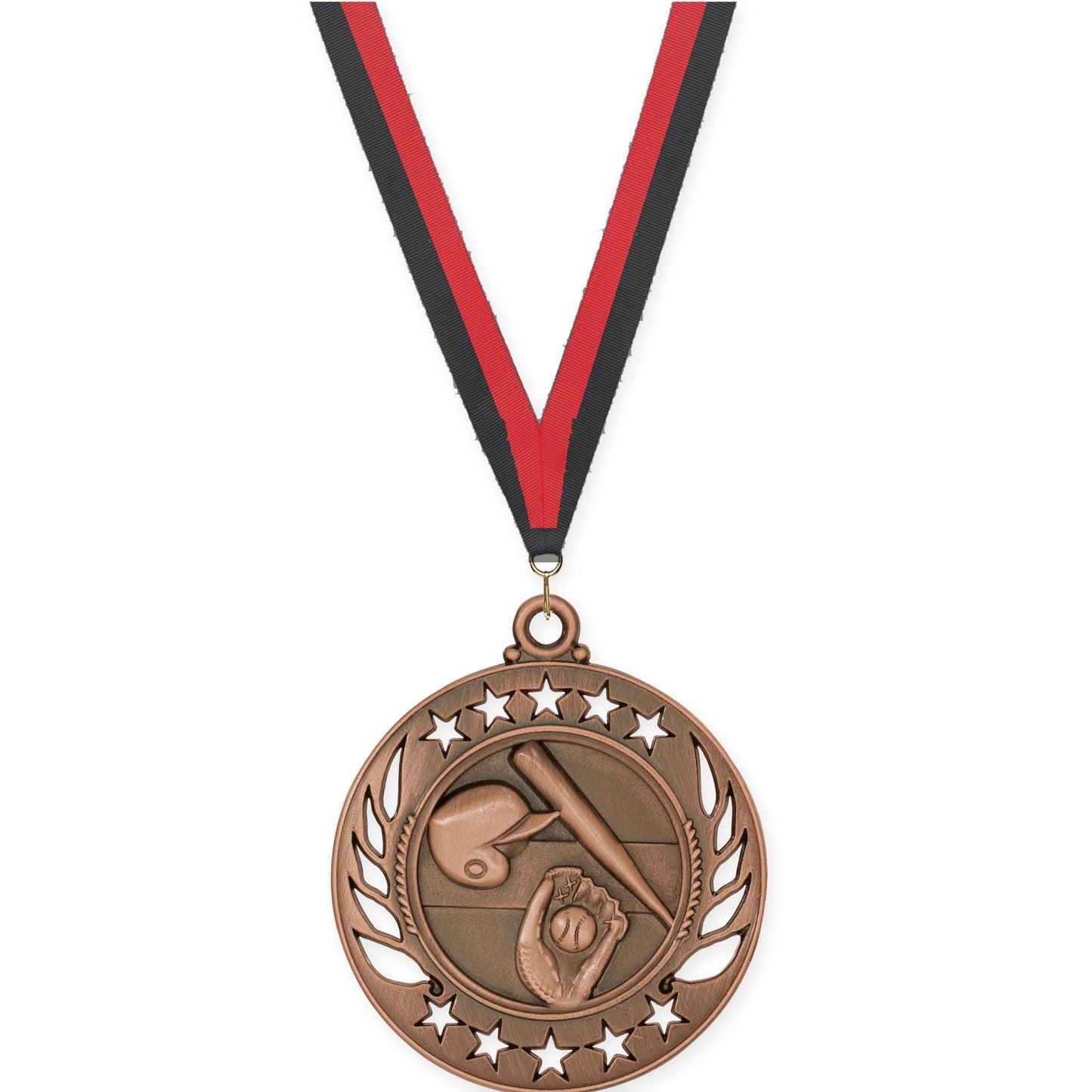 2 1/4 inch baseball and softball Galaxy medal in antique bronze with Black Red neck ribbon
