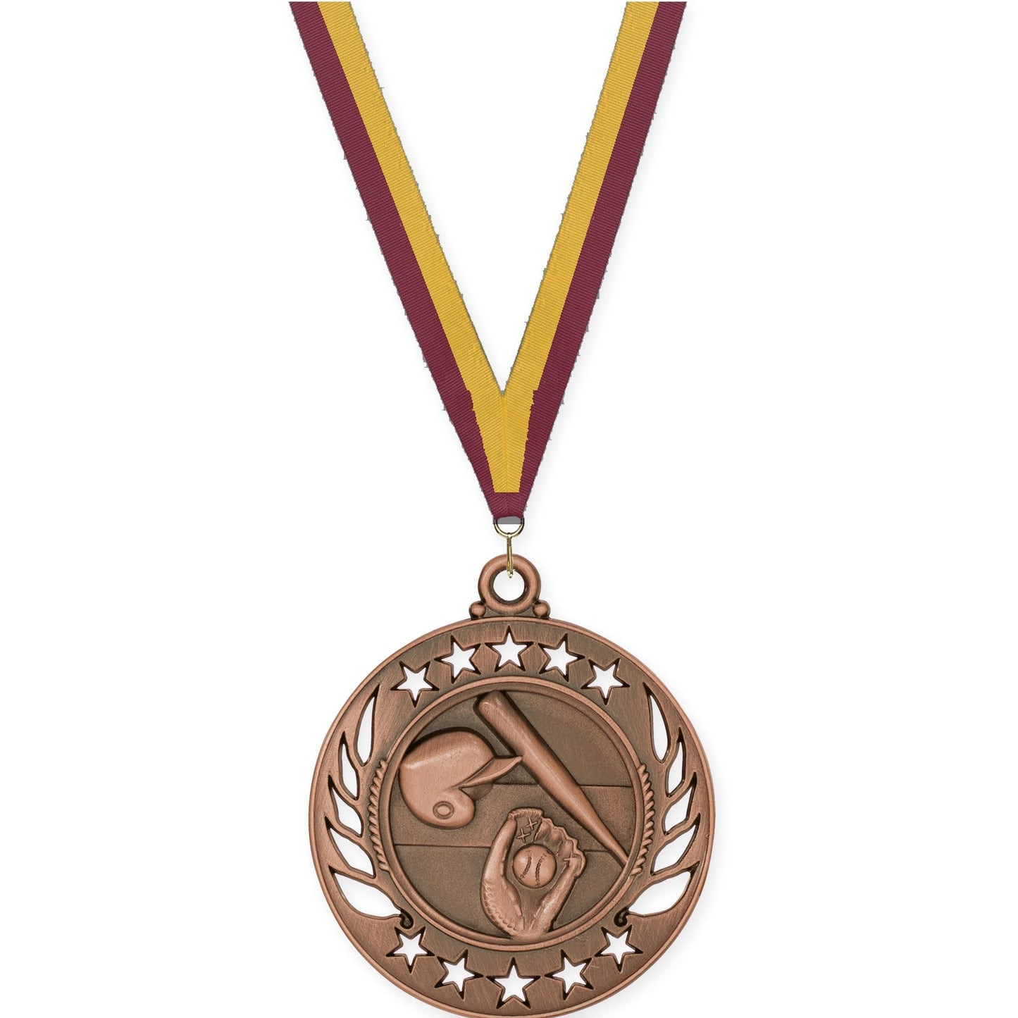 2 1/4 inch baseball and softball Galaxy medal in antique bronze with Maroon Gold neck ribbon