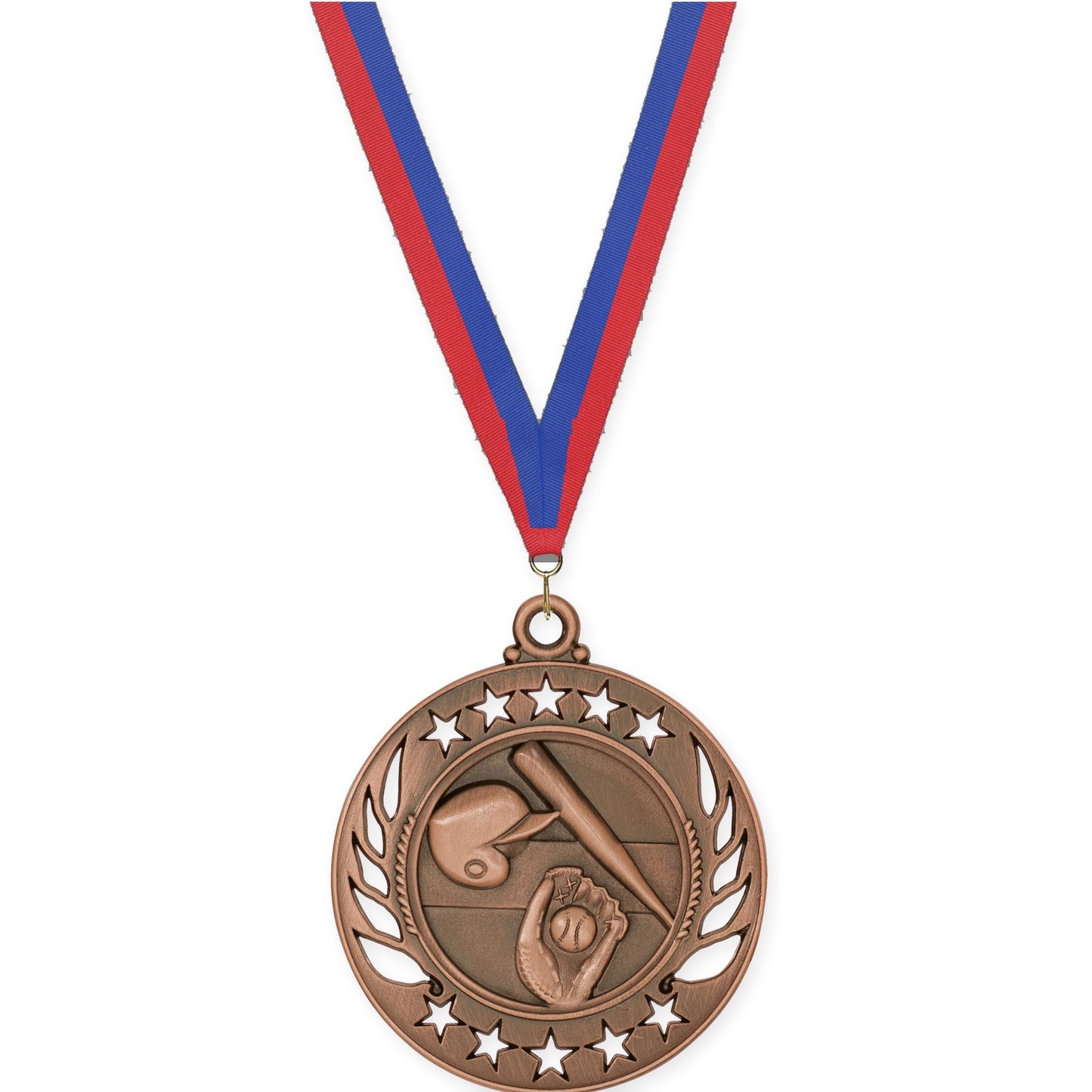 2 1/4 inch baseball and softball Galaxy medal in antique bronze with Blue Red neck ribbon
