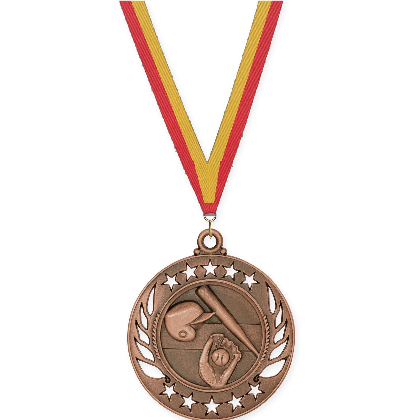 2 1/4 inch baseball and softball Galaxy medal in antique bronze with Red Gold neck ribbon