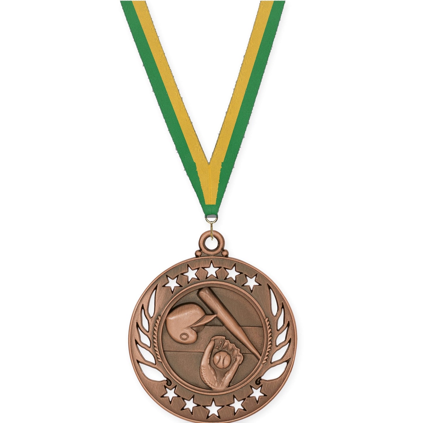 2 1/4 inch baseball and softball Galaxy medal in antique bronze with Green Gold neck ribbon