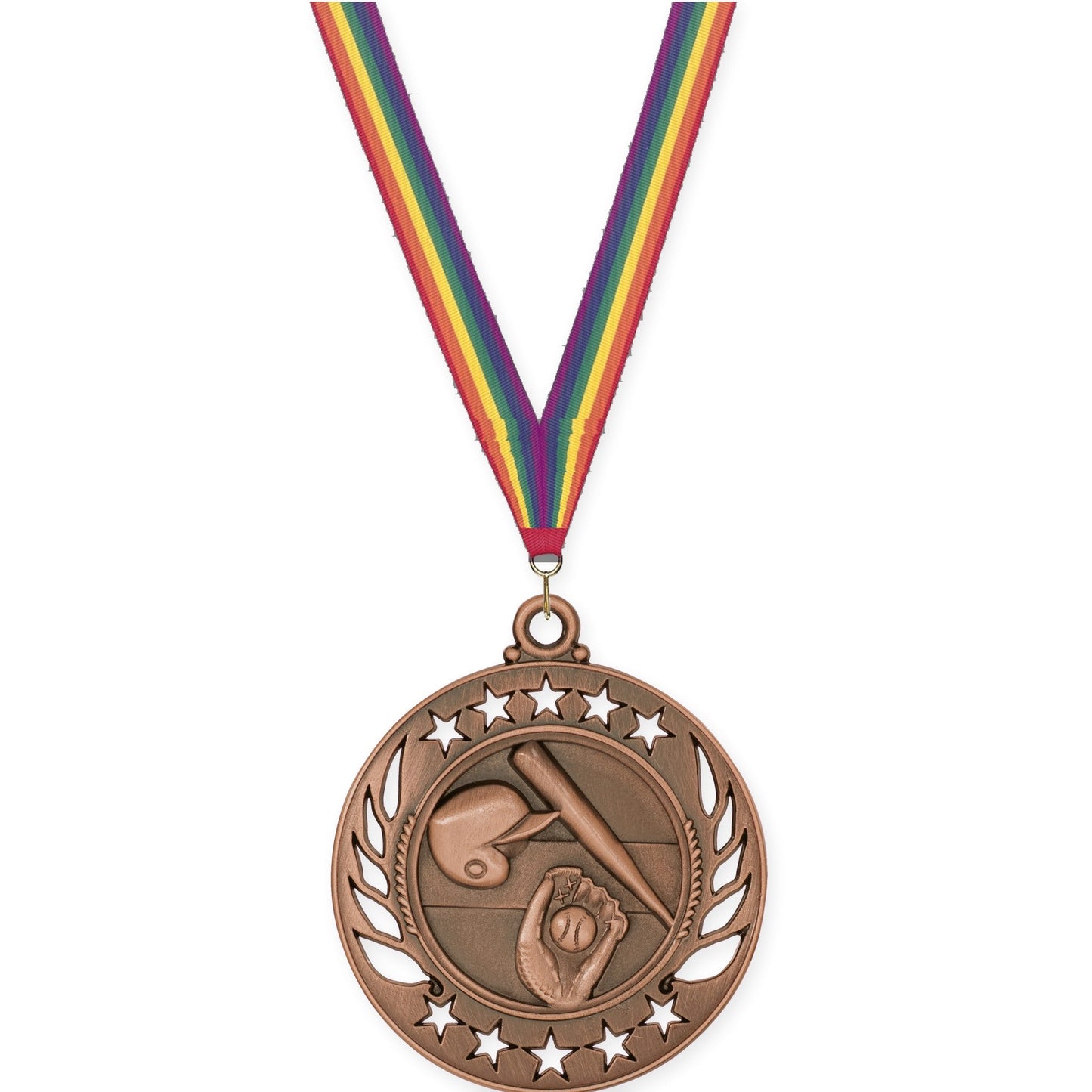 2 1/4 inch baseball and softball Galaxy medal in antique bronze with Rainbow neck ribbon