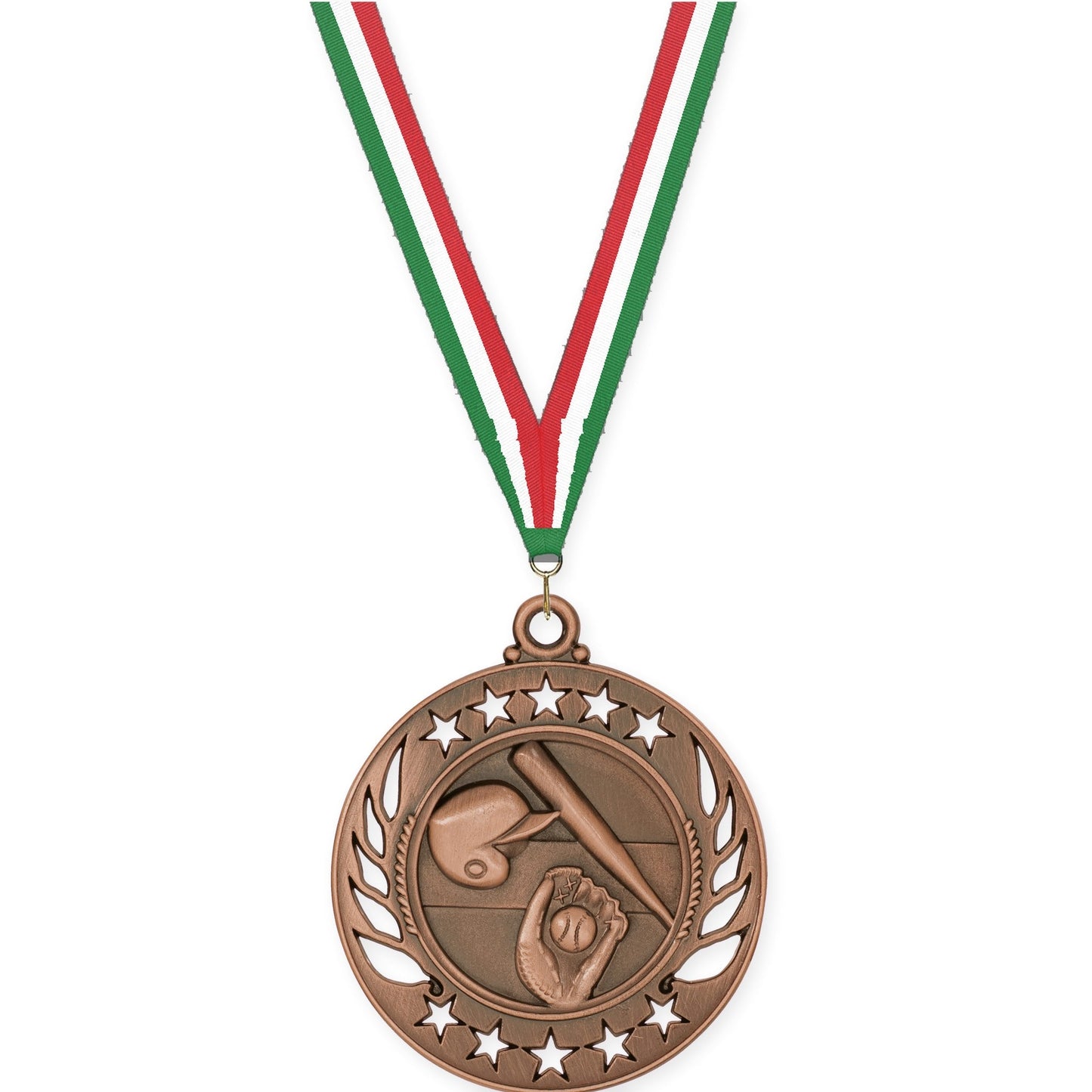 2 1/4 inch baseball and softball Galaxy medal in antique bronze with Green White Red neck ribbon