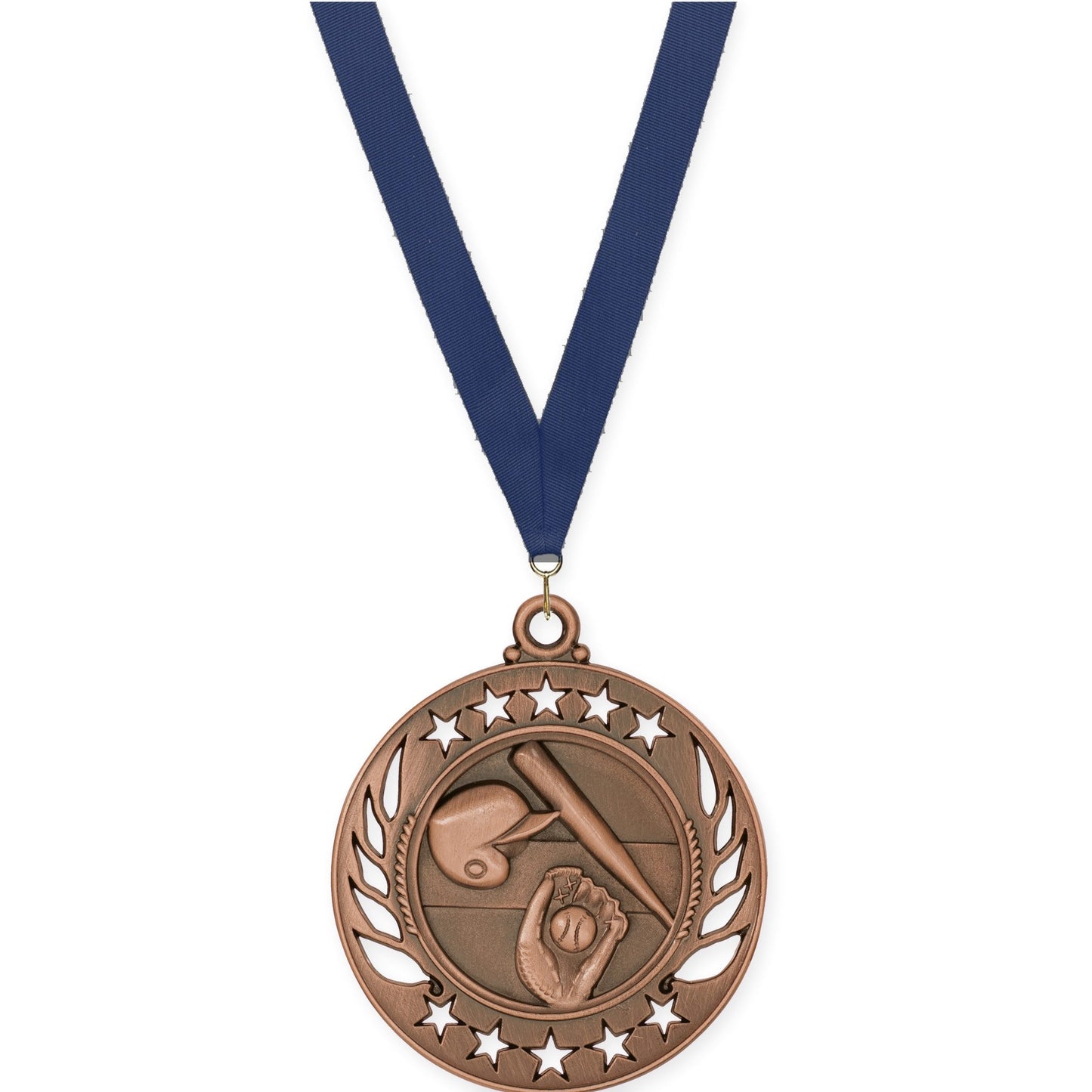 2 1/4 inch baseball and softball Galaxy medal in antique bronze with Navy neck ribbon