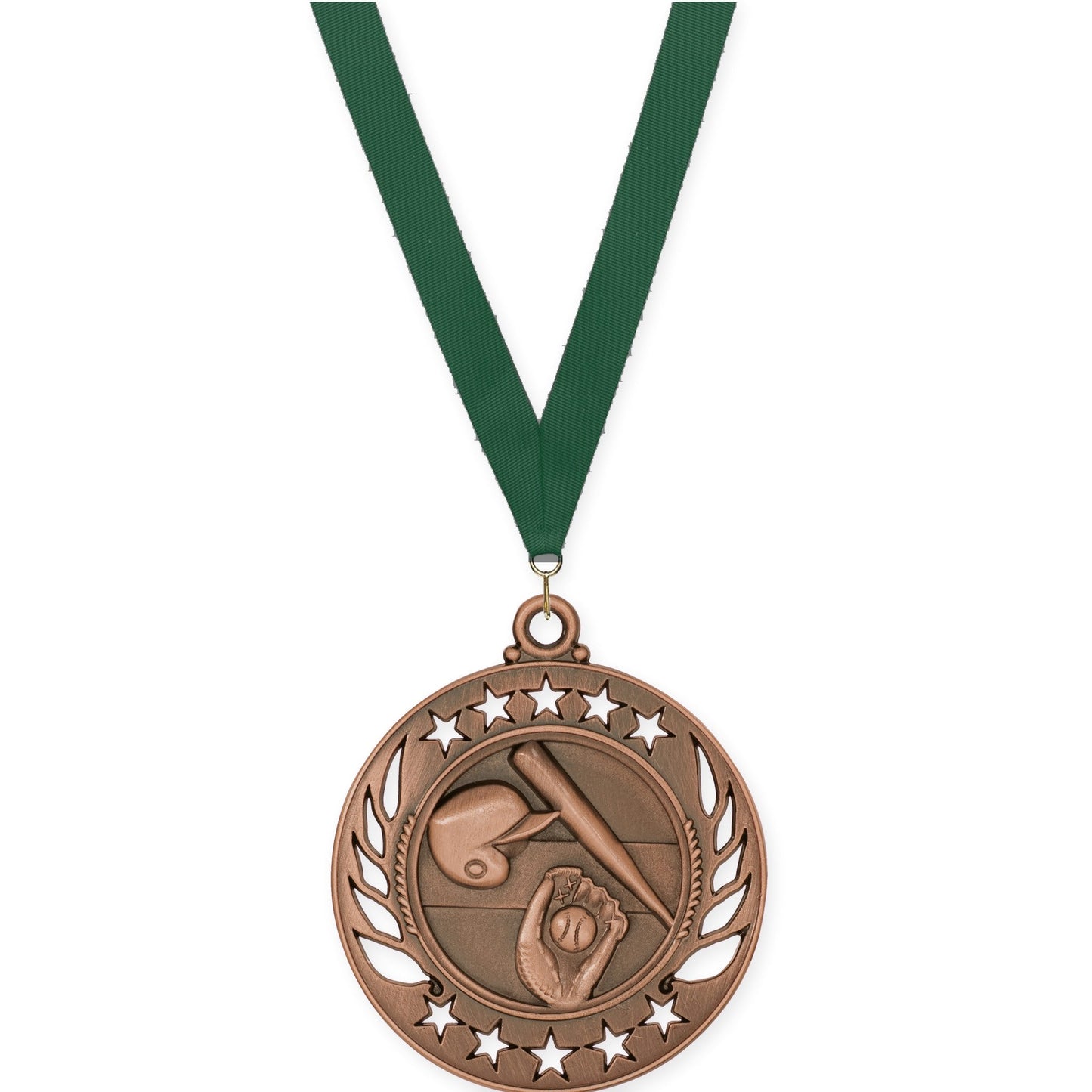 2 1/4 inch baseball and softball Galaxy medal in antique bronze with Hunter Green neck ribbon