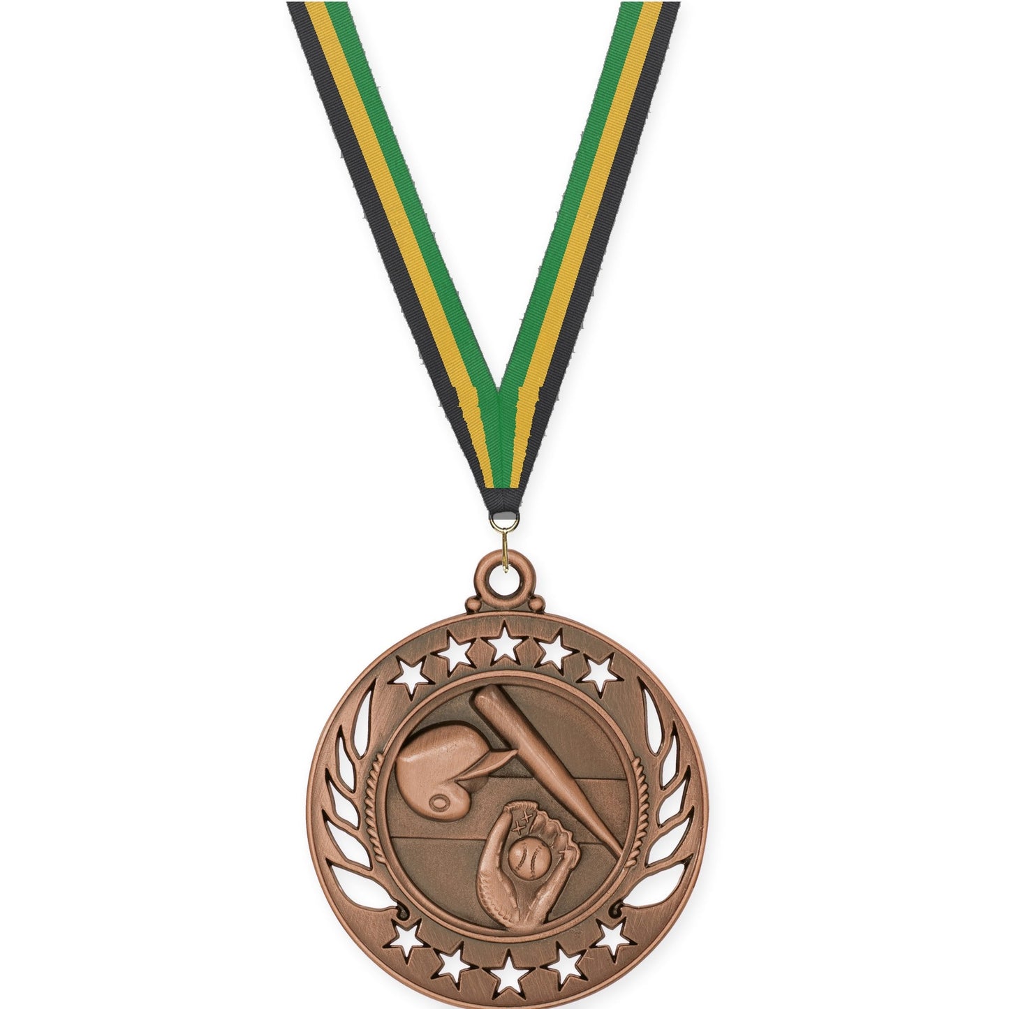 2 1/4 inch baseball and softball Galaxy medal in antique bronze with Black Gold Green neck ribbon