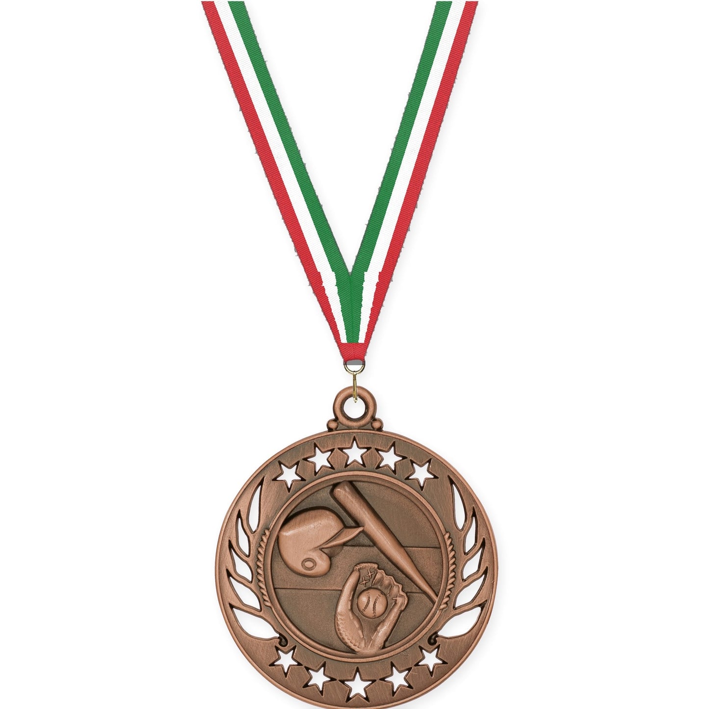 2 1/4 inch baseball and softball Galaxy medal in antique bronze with Red White Green neck ribbon