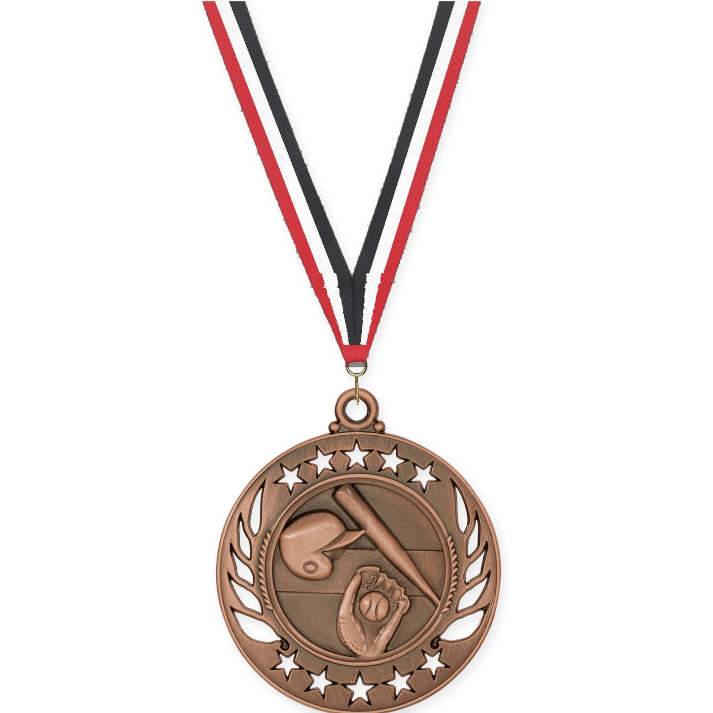 2 1/4 inch baseball and softball Galaxy medal in antique bronze with Red White Black neck ribbon