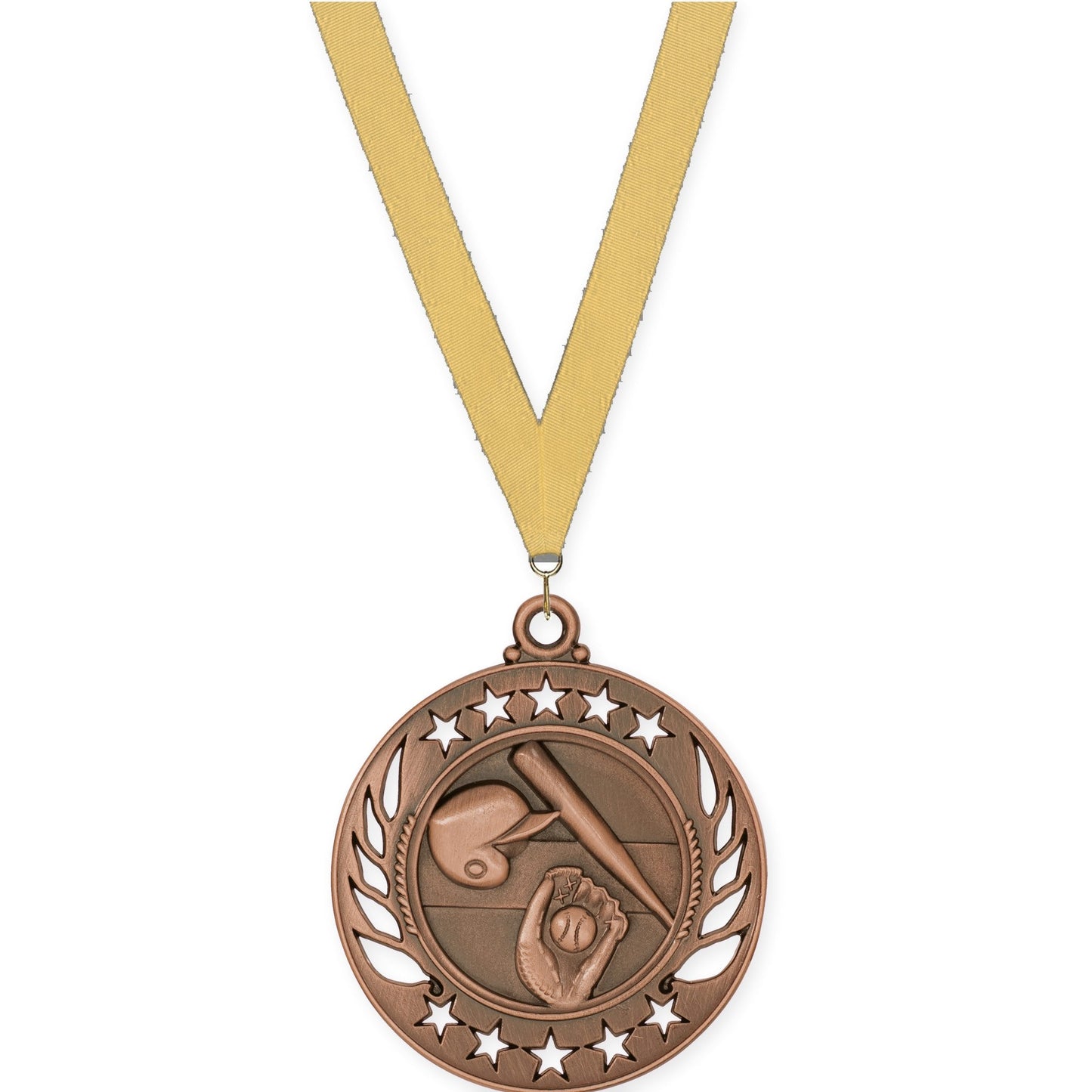 2 1/4 inch baseball and softball Galaxy medal in antique bronze with Gold Metallic neck ribbon