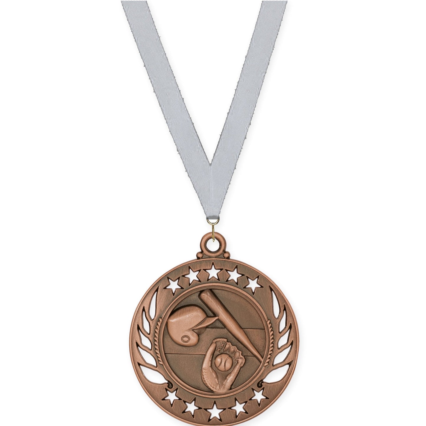 2 1/4 inch baseball and softball Galaxy medal in antique bronze with Silver Metallic neck ribbon