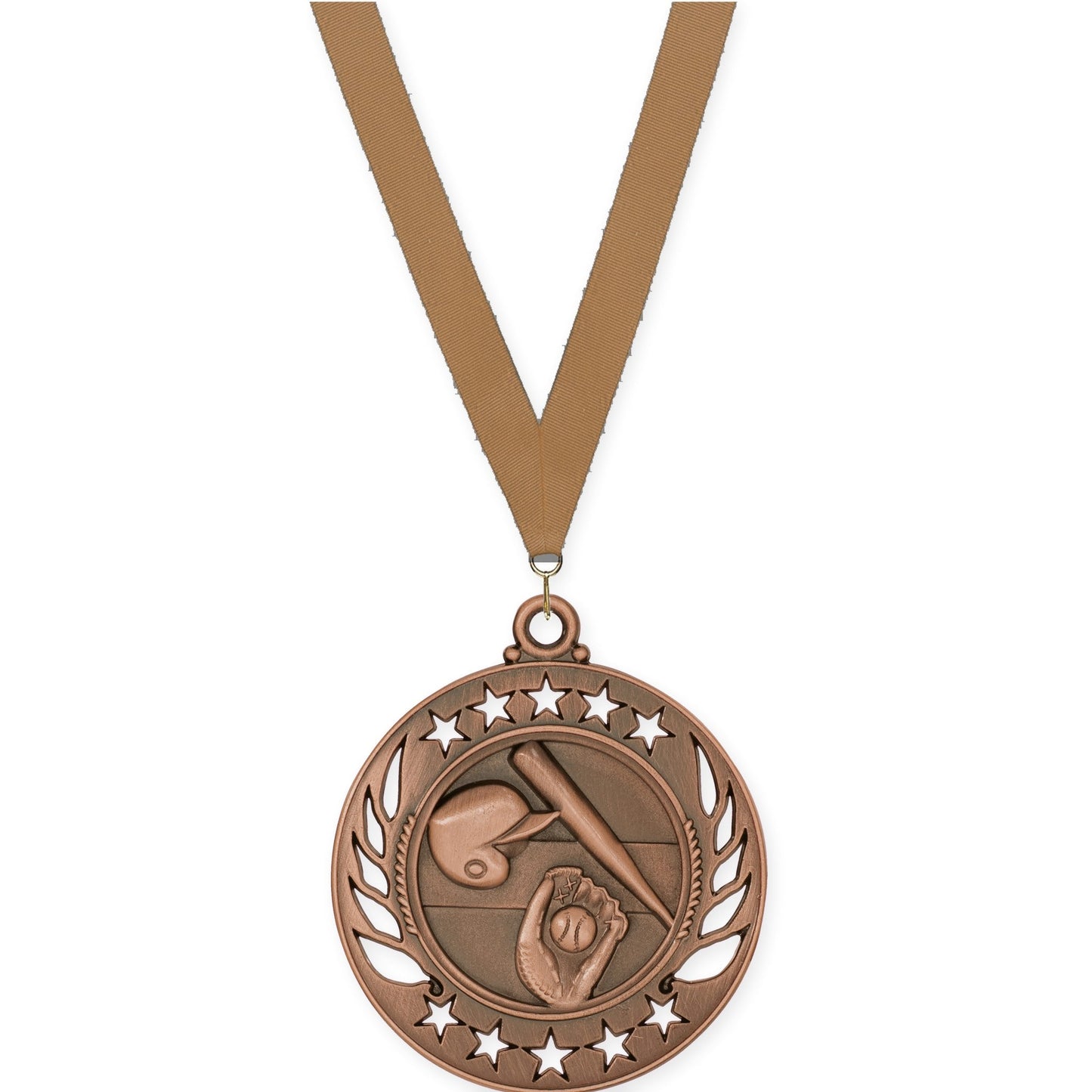 2 1/4 inch baseball and softball Galaxy medal in antique bronze with Bronze Metallic neck ribbon
