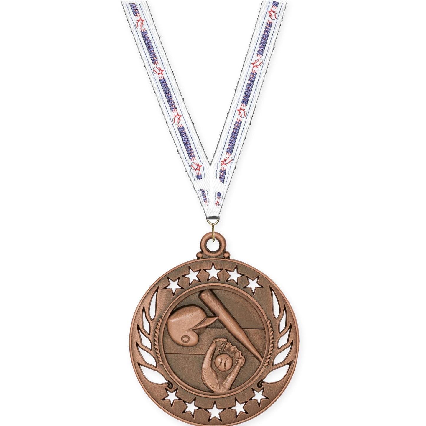 2 1/4 inch baseball and softball Galaxy medal in antique bronze with Baseball neck ribbon
