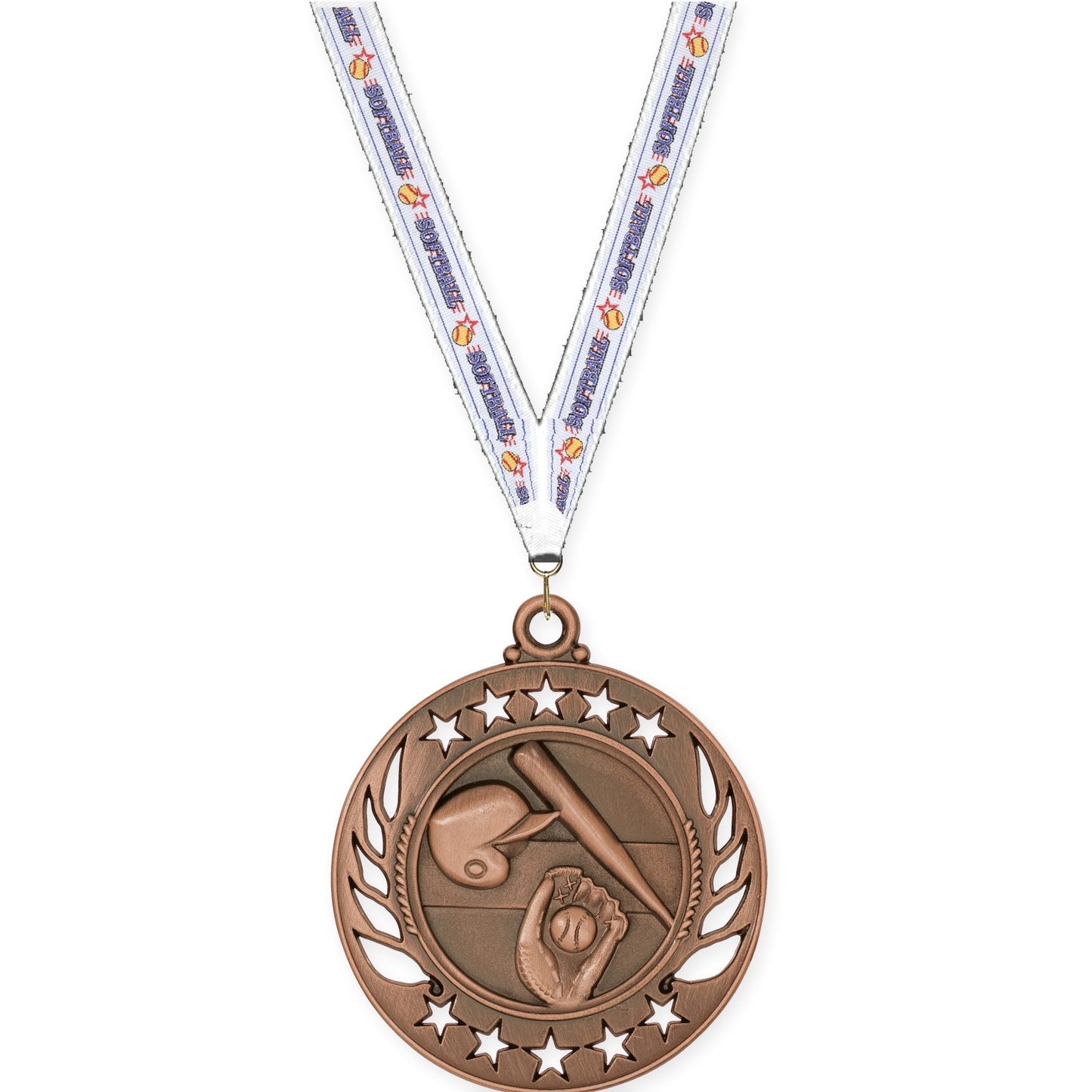 2 1/4 inch baseball and softball Galaxy medal in antique bronze with Softball neck ribbon