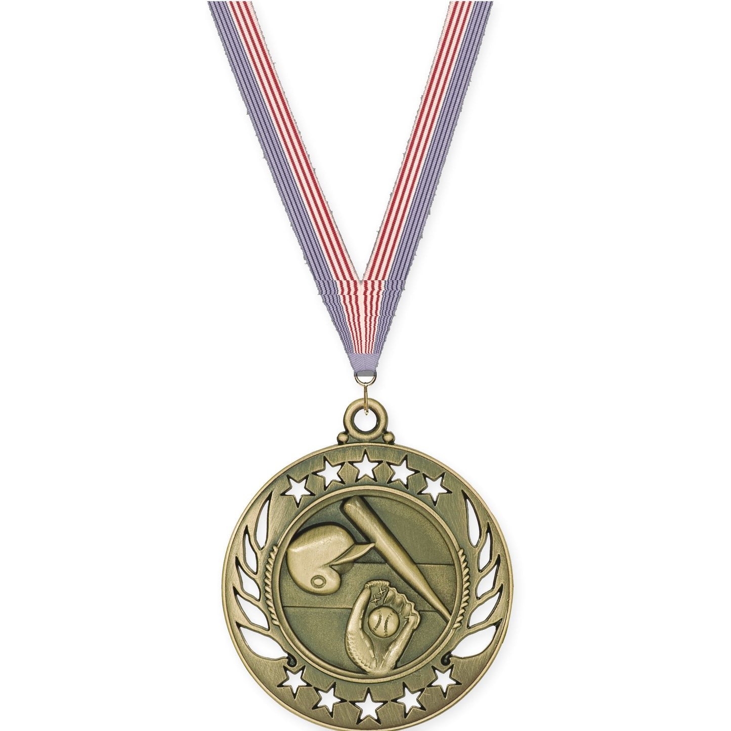 2 1/4 inch baseball and softball Galaxy medal in antique gold with USA Flag neck ribbon