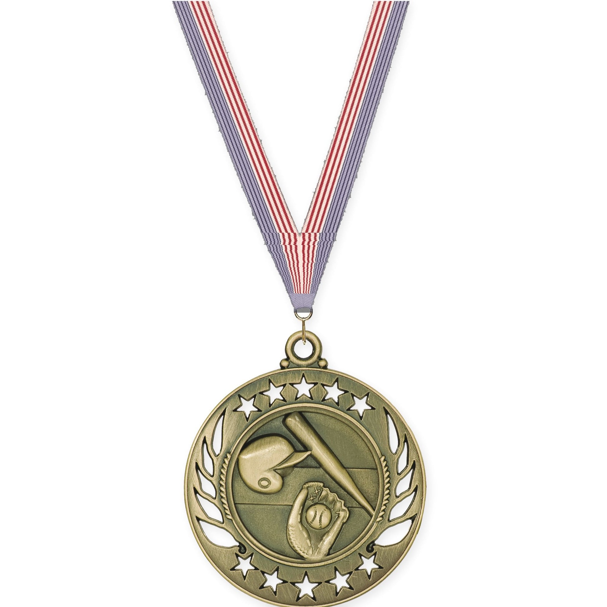 2 1/4 inch baseball and softball Galaxy medal in antique gold with USA Flag neck ribbon