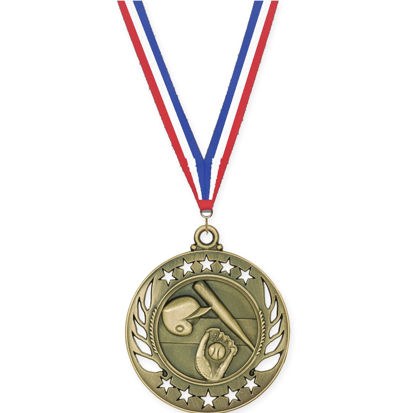 2 1/4 inch baseball and softball Galaxy medal in antique gold with Red White Blue neck ribbon