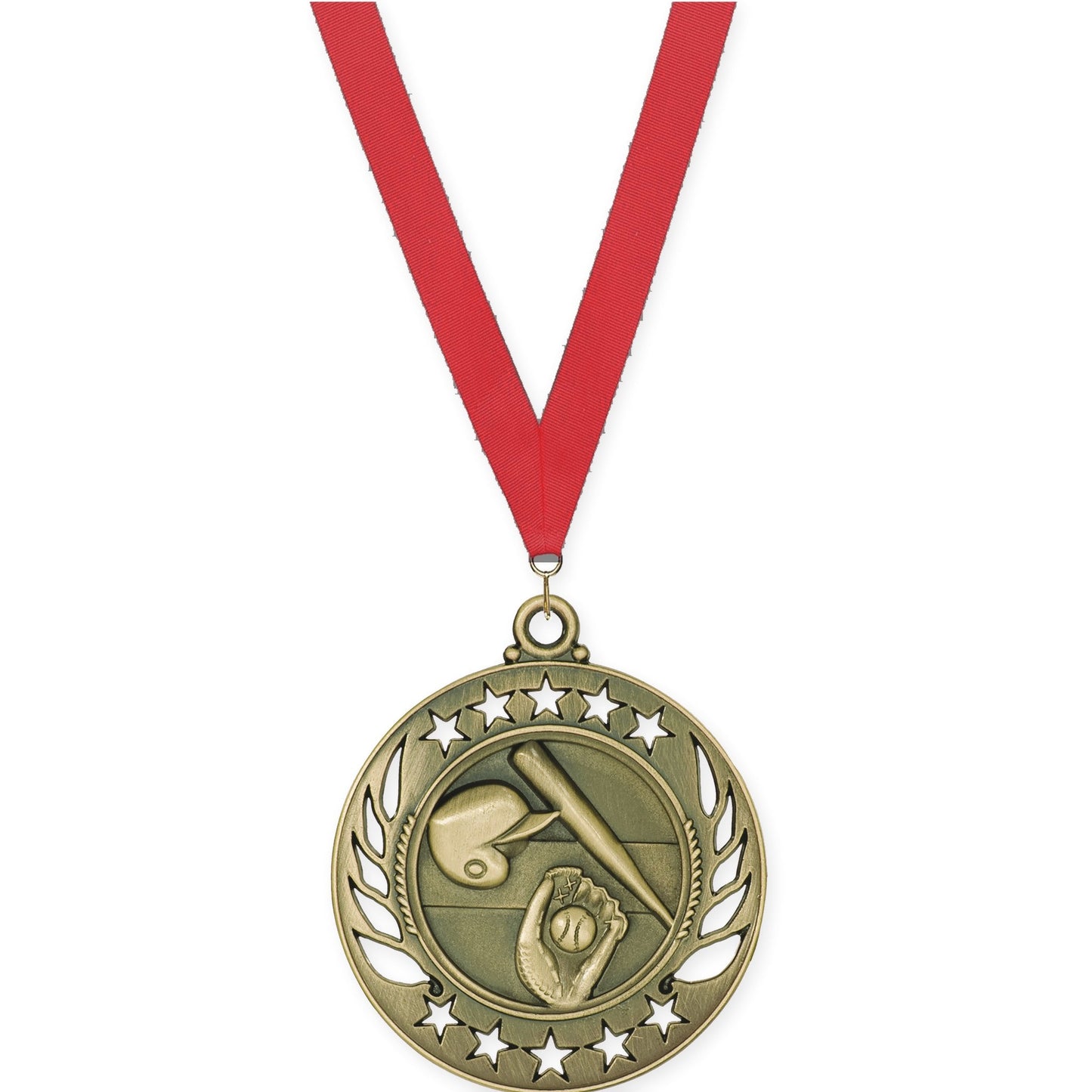 2 1/4 inch baseball and softball Galaxy medal in antique gold with Red neck ribbon