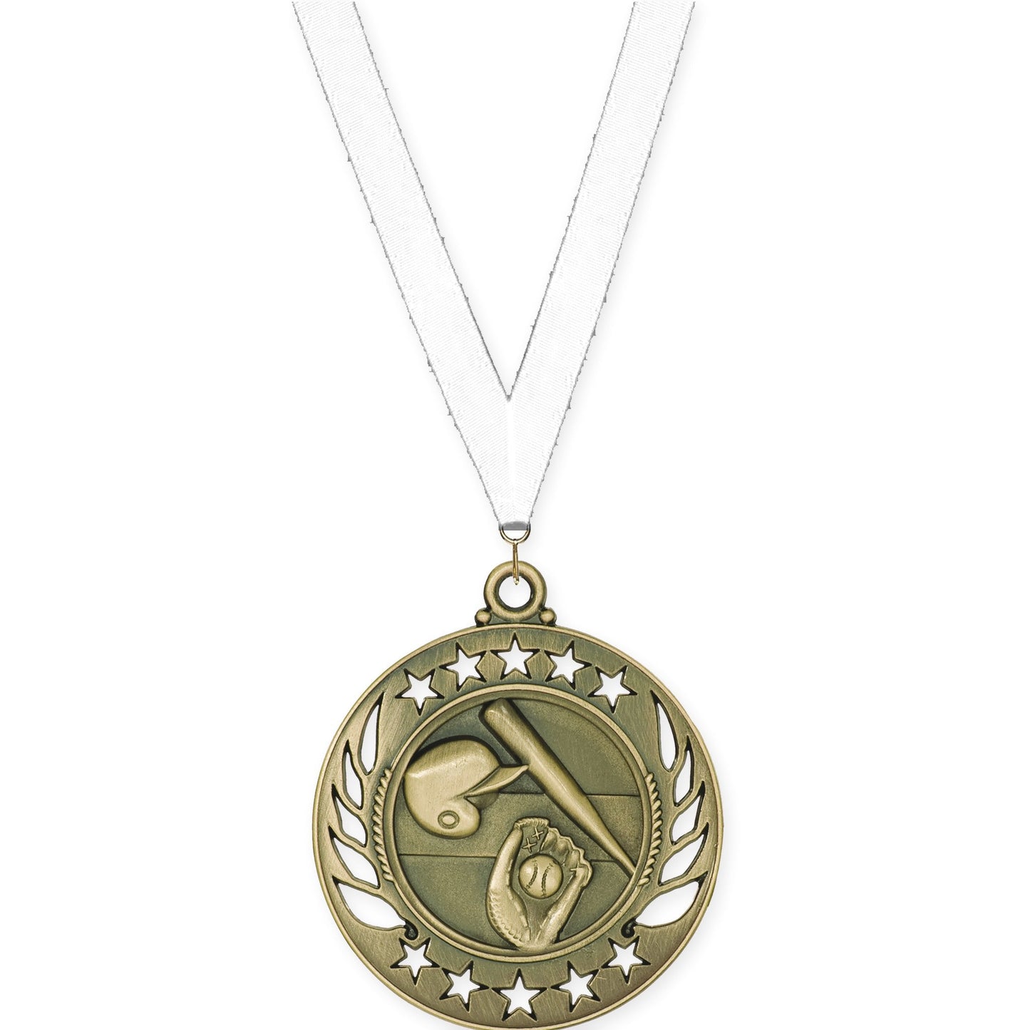 2 1/4 inch baseball and softball Galaxy medal in antique gold with White neck ribbon