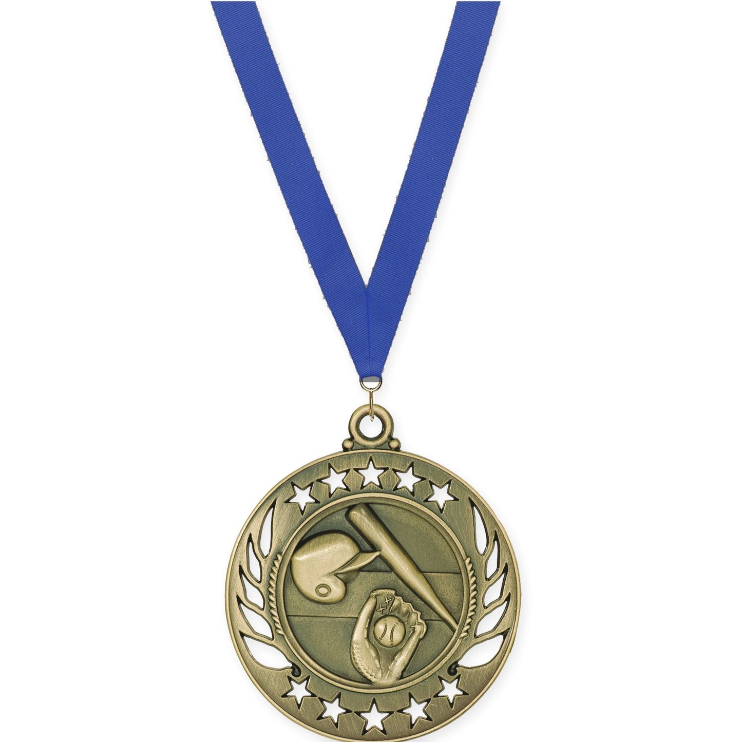 2 1/4 inch baseball and softball Galaxy medal in antique gold with Blue neck ribbon