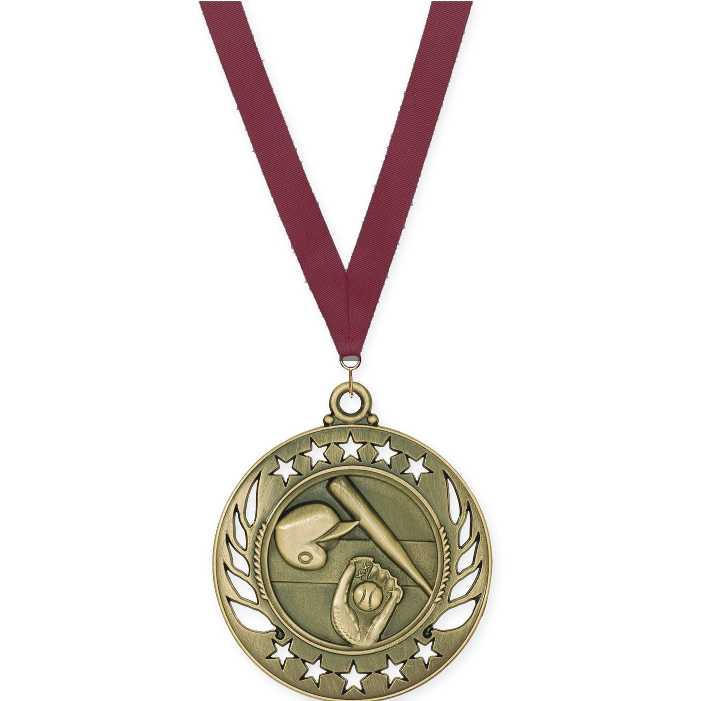 2 1/4 inch baseball and softball Galaxy medal in antique gold with Maroon neck ribbon