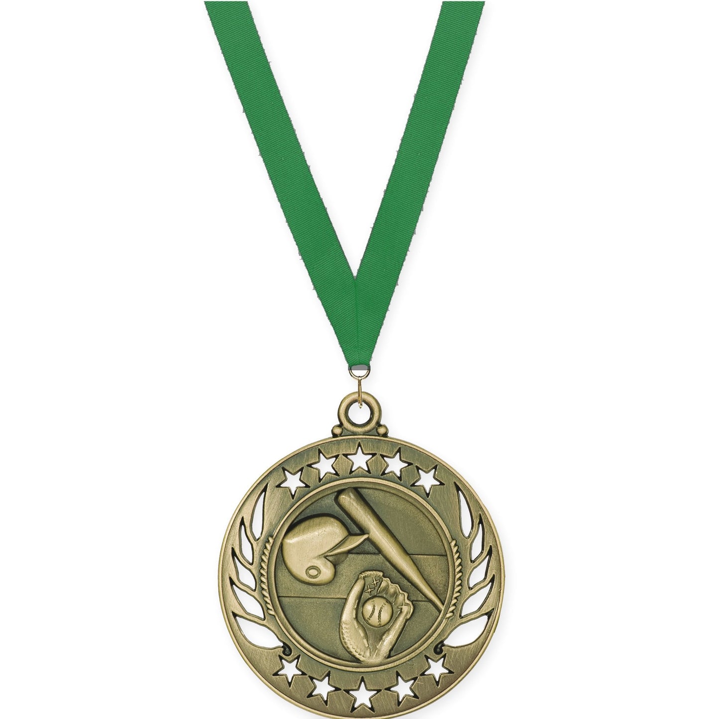 2 1/4 inch baseball and softball Galaxy medal in antique gold with Green neck ribbon