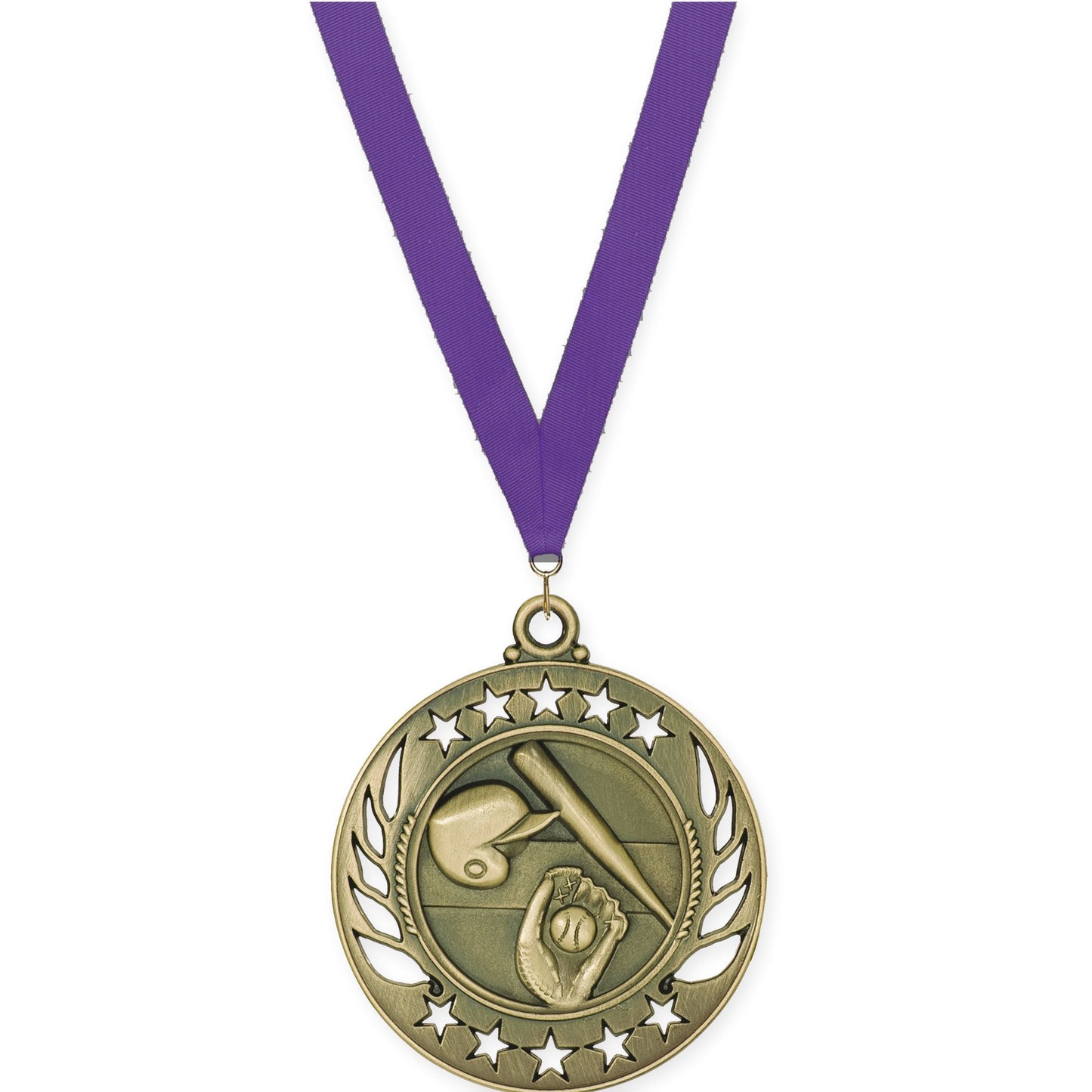 2 1/4 inch baseball and softball Galaxy medal in antique gold with Purple neck ribbon