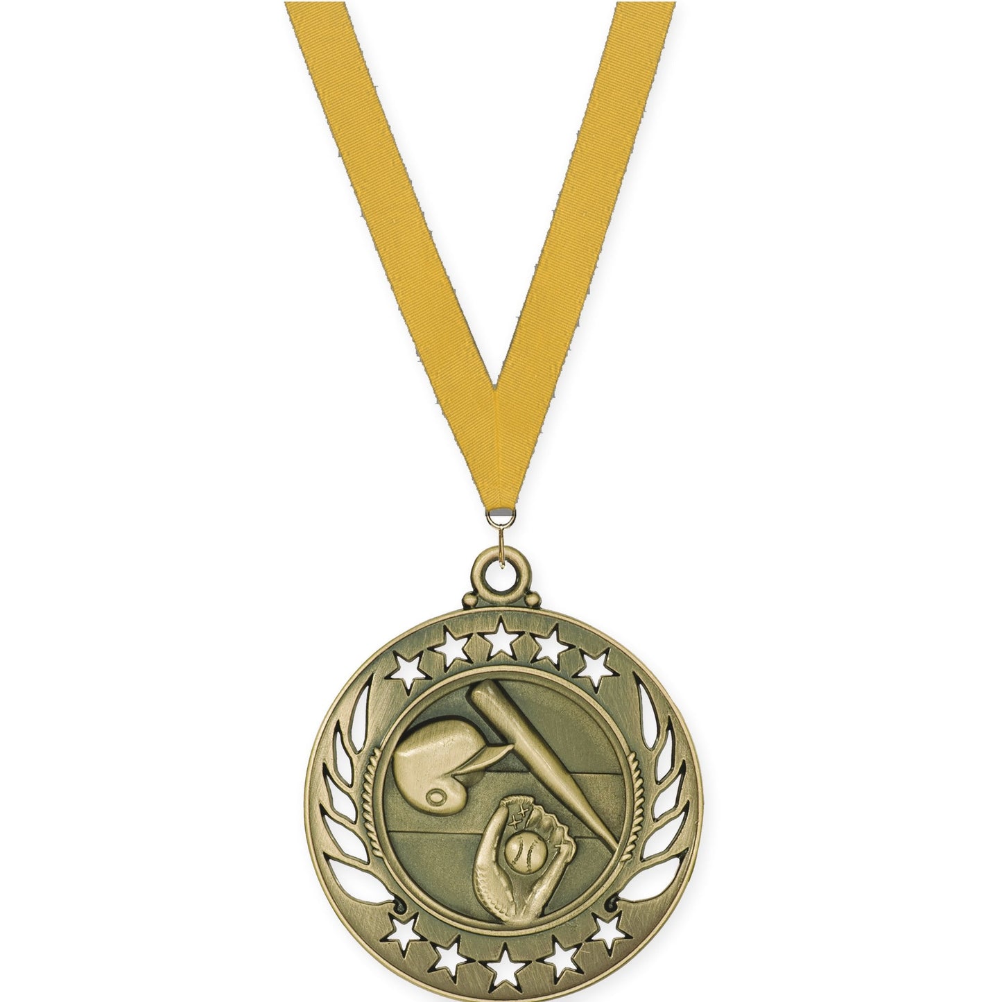2 1/4 inch baseball and softball Galaxy medal in antique gold with Gold neck ribbon