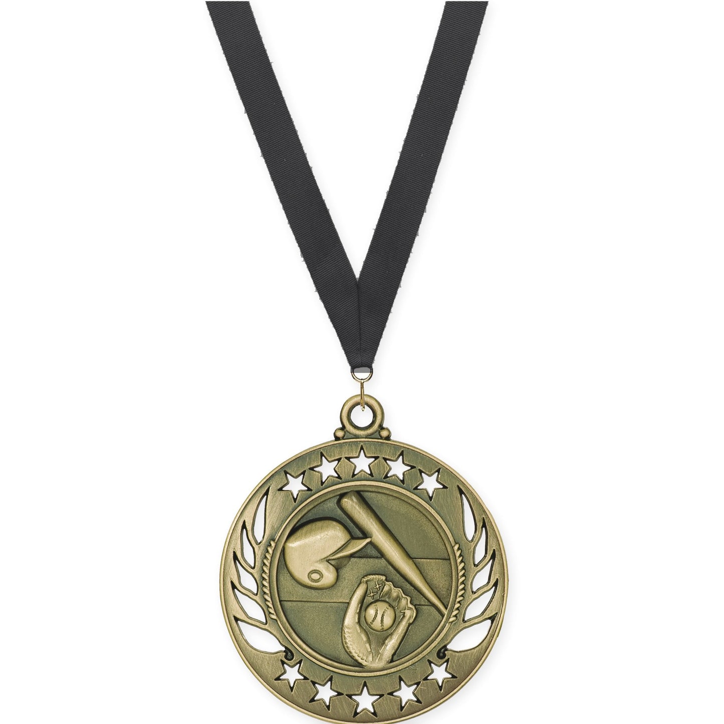 2 1/4 inch baseball and softball Galaxy medal in antique gold with Black neck ribbon