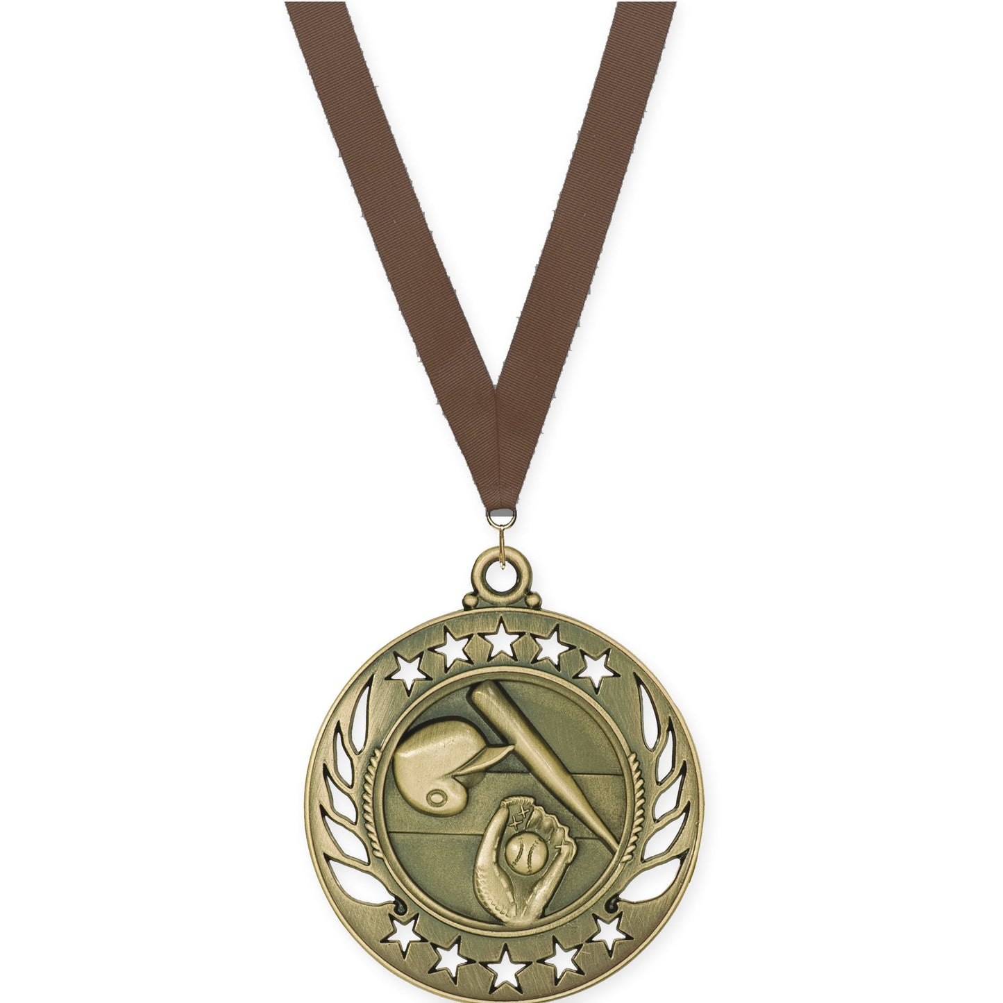 2 1/4 inch baseball and softball Galaxy medal in antique gold with Brown neck ribbon
