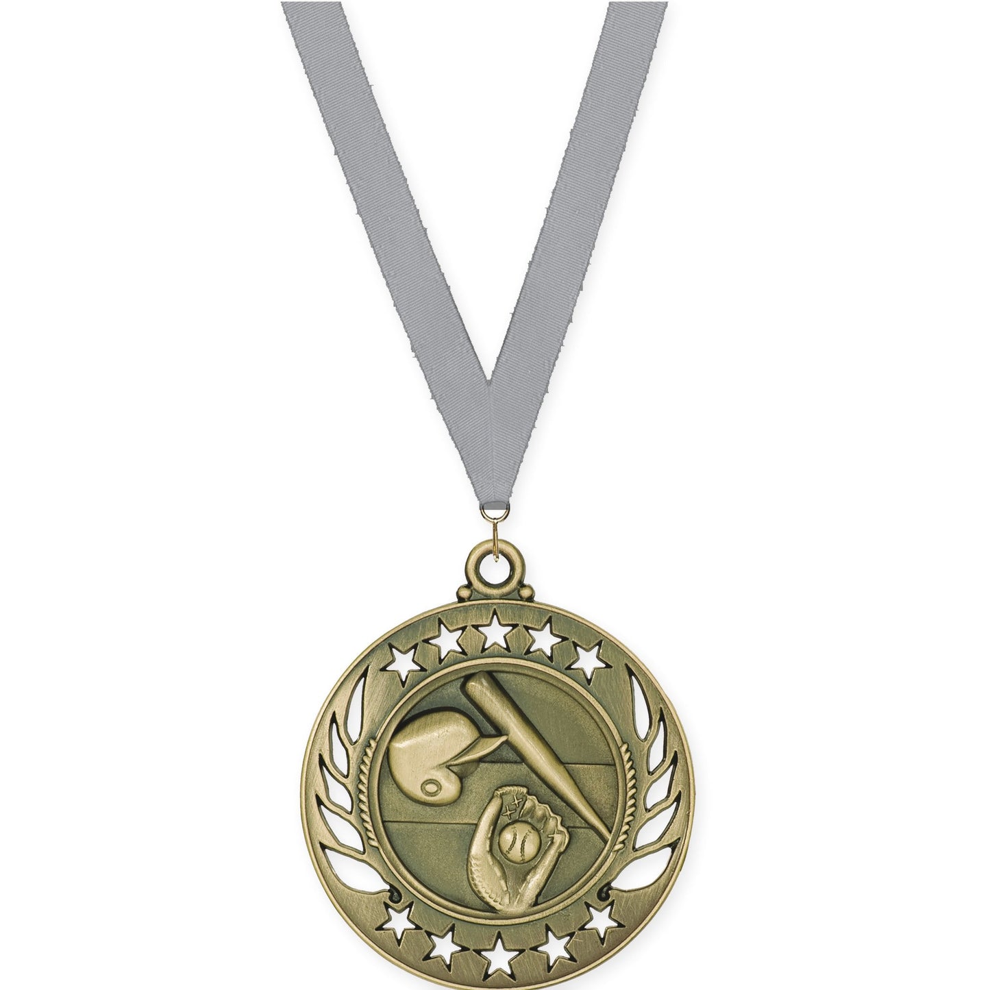 2 1/4 inch baseball and softball Galaxy medal in antique gold with Gray neck ribbon