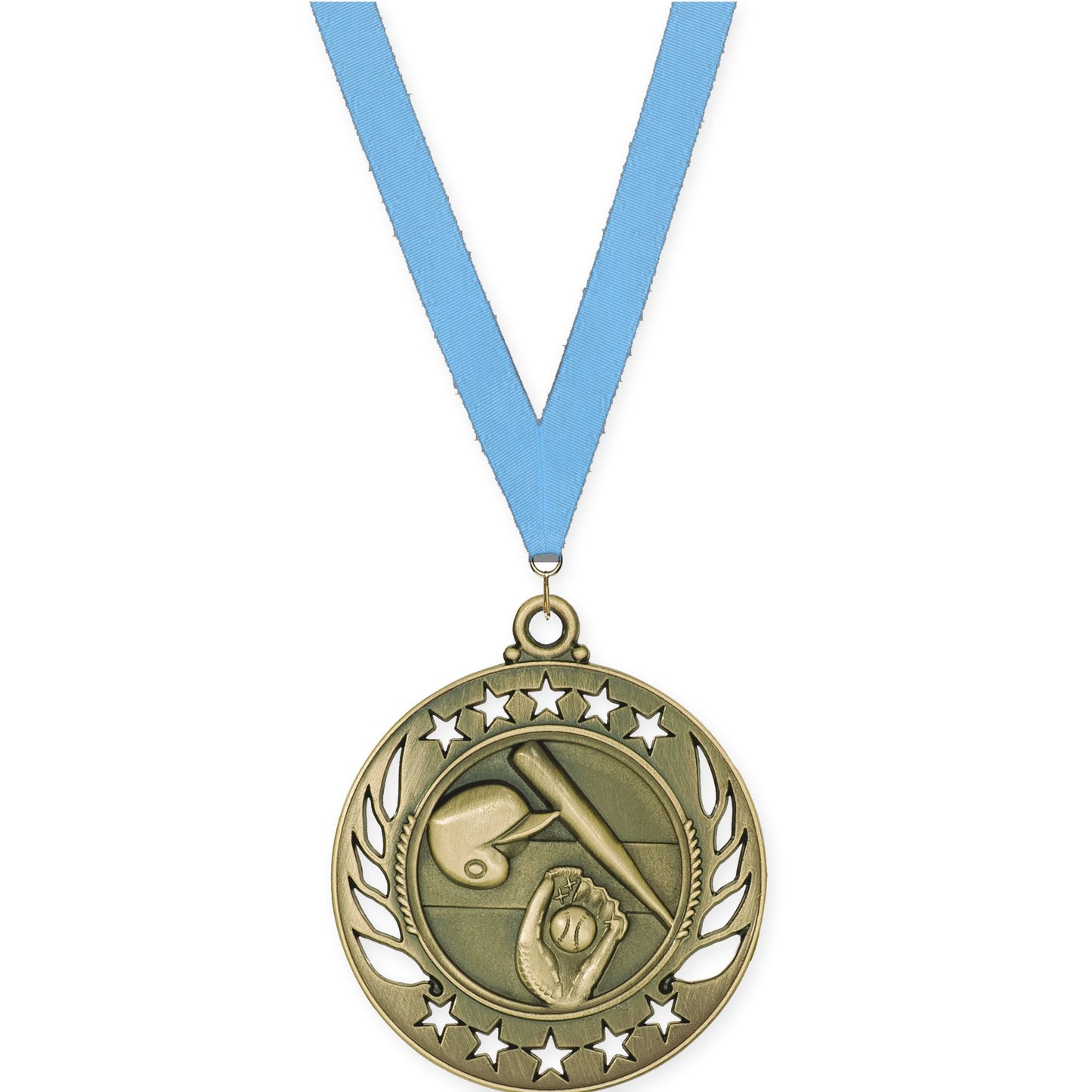 2 1/4 inch baseball and softball Galaxy medal in antique gold with Light Blue neck ribbon