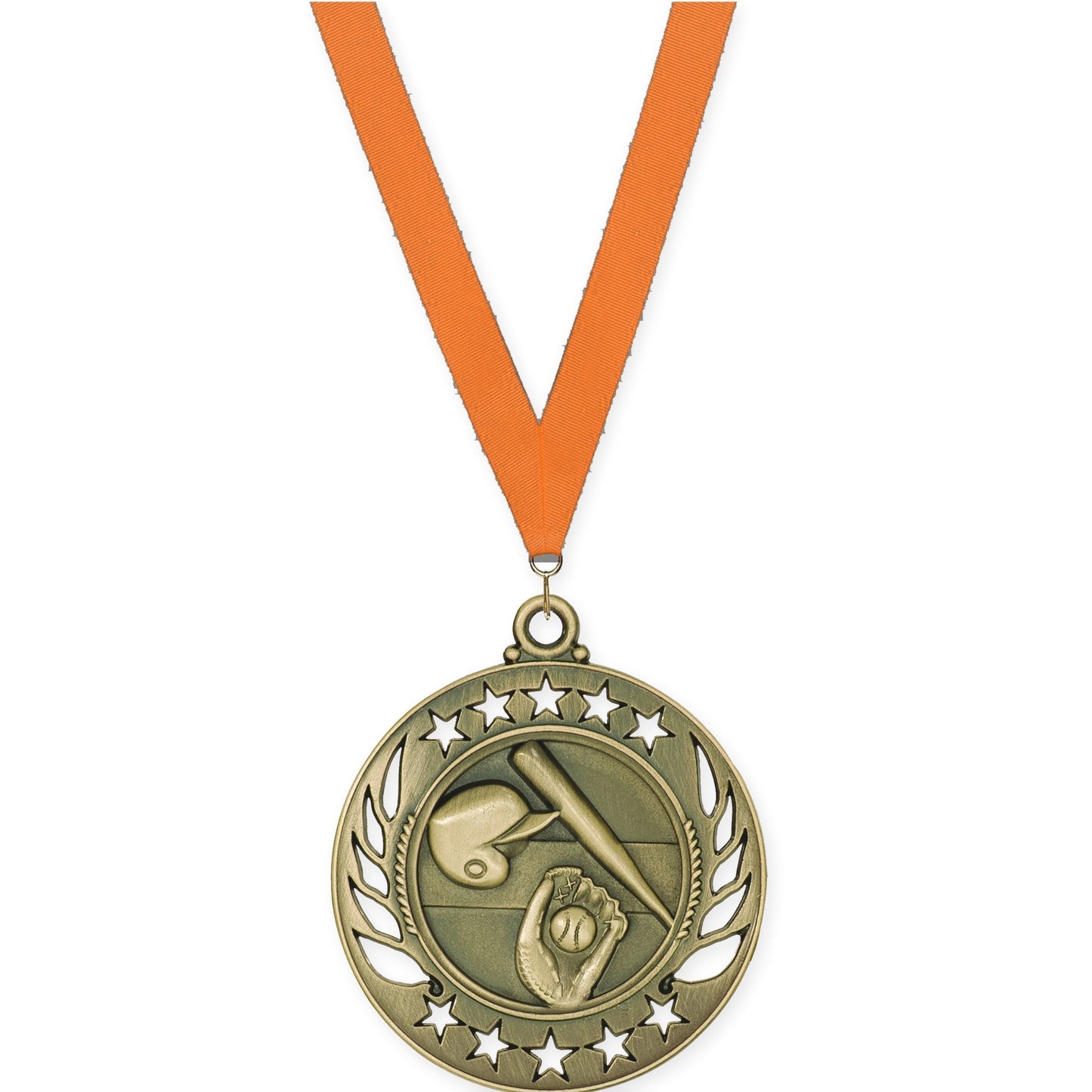 2 1/4 inch baseball and softball Galaxy medal in antique gold with Orange neck ribbon